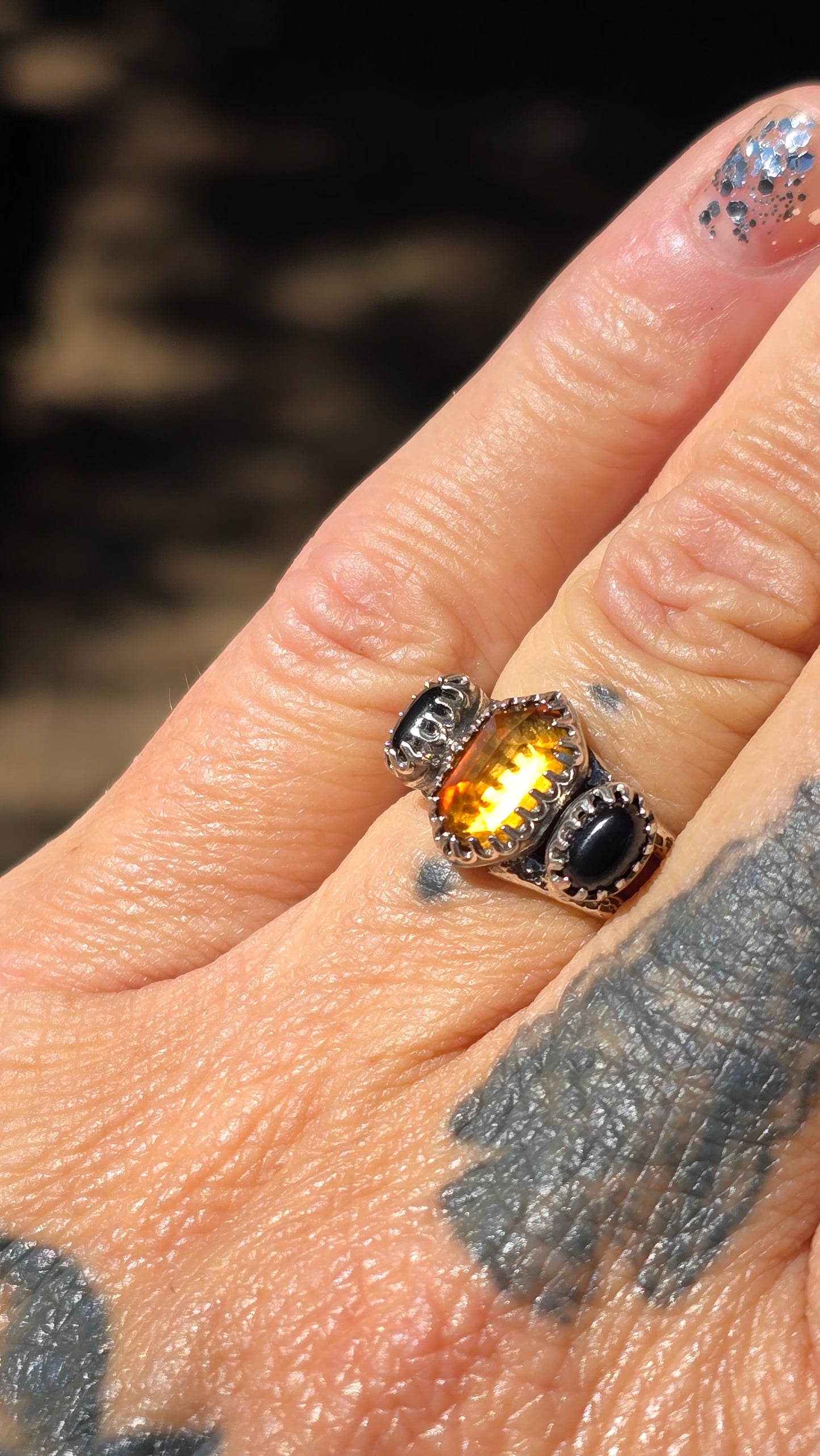 HEXING Ring (size 8) - Hex Cut Citrine and Black Onyx in All Sterling Silver