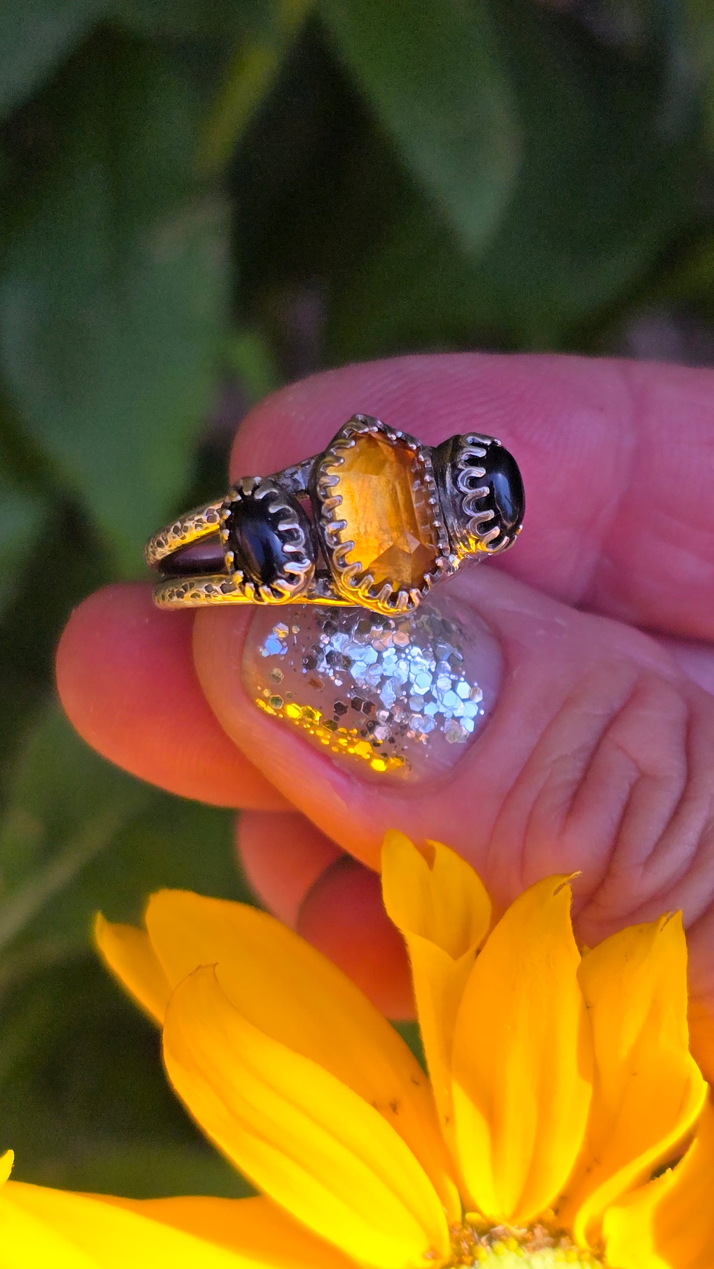 HEXING Ring (size 8) - Hex Cut Citrine and Black Onyx in All Sterling Silver