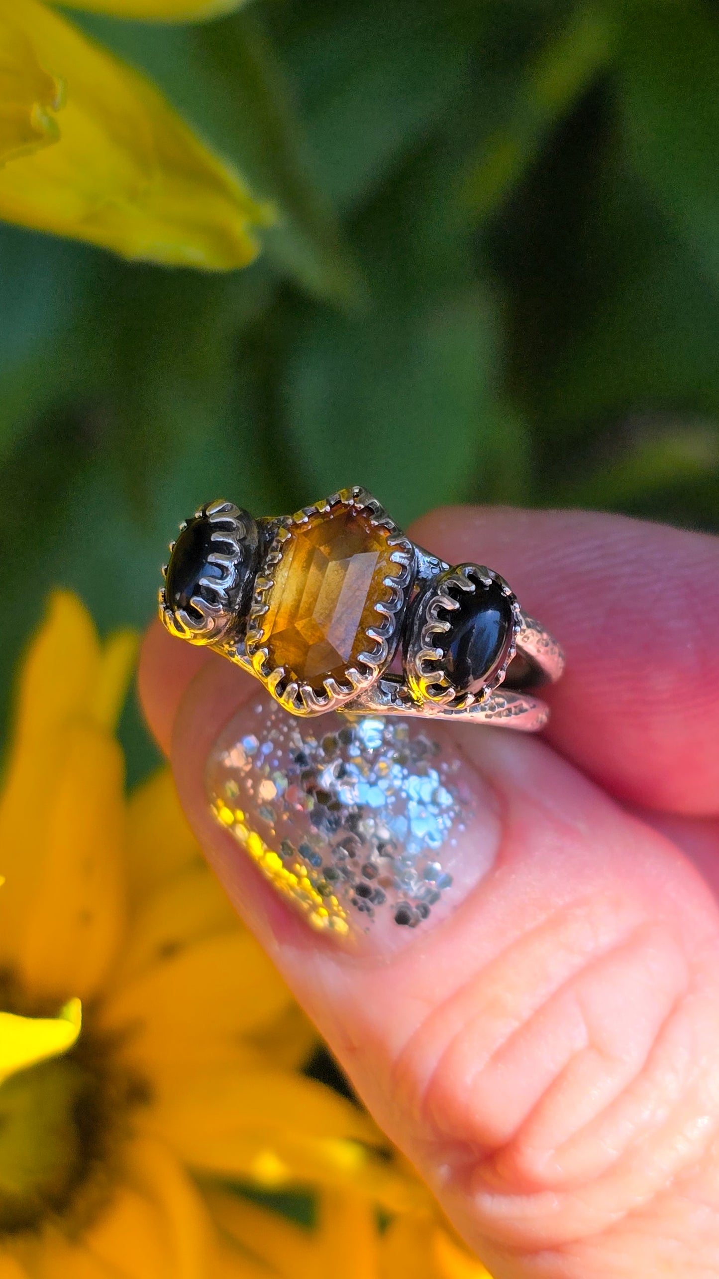 HEXING Ring (size 8) - Hex Cut Citrine and Black Onyx in All Sterling Silver