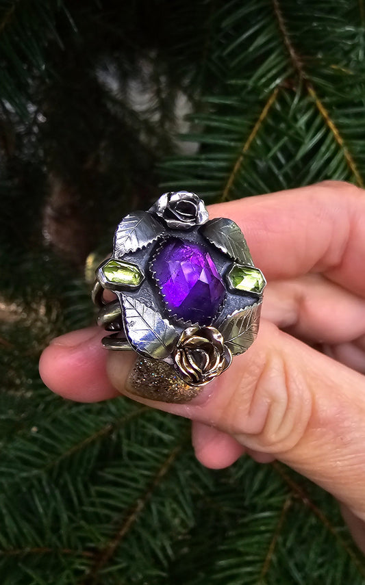 PURPLE HEX Ring - (size 9) Amethyst and Petidot in Fine and Sterling Silver