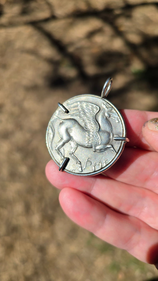 PEGASUS + TANIT Pendant -  Coin Replica(Steel) Set in Sterling Silver