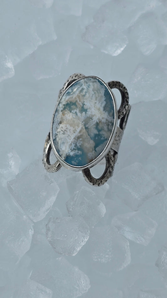 LA NIÑA - NORTHERN SNOW Ring - (size 7.5) Oregon Plume Agate Doublet in Fine and Sterling Silver