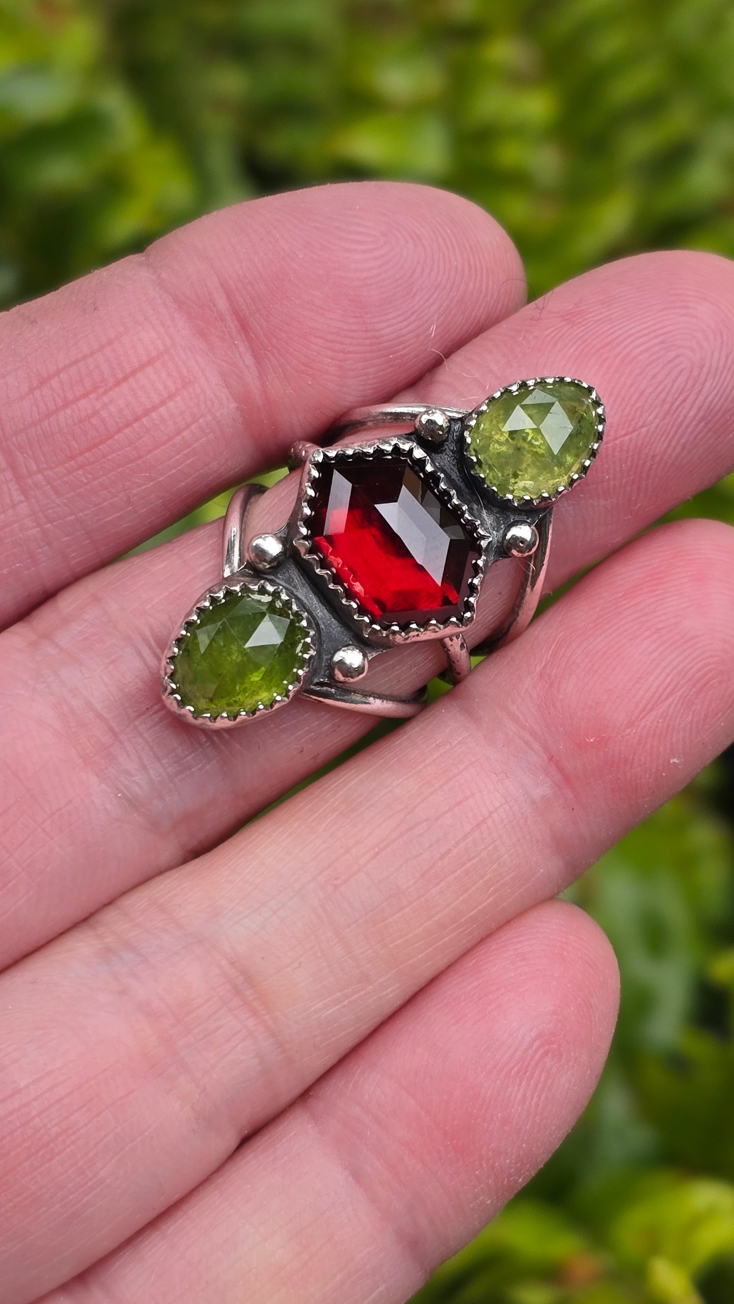 SPARKLER Ring (size 6 to 6.25) - Hex Cut Garnet and Rose Cut Grossular Garnet in Fine and Sterling Silver