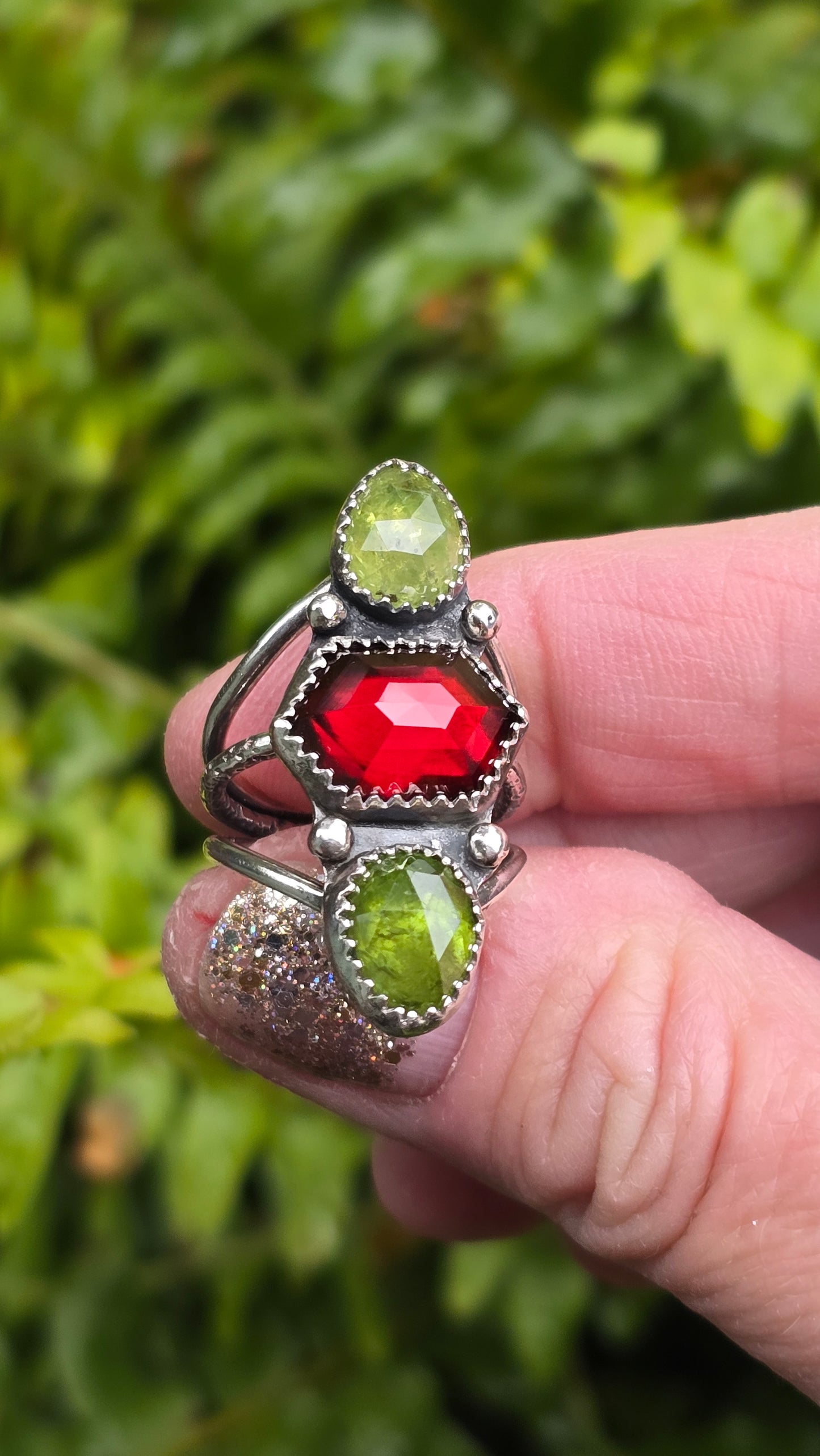 SPARKLER Ring (size 6 to 6.25) - Hex Cut Garnet and Rose Cut Grossular Garnet in Fine and Sterling Silver