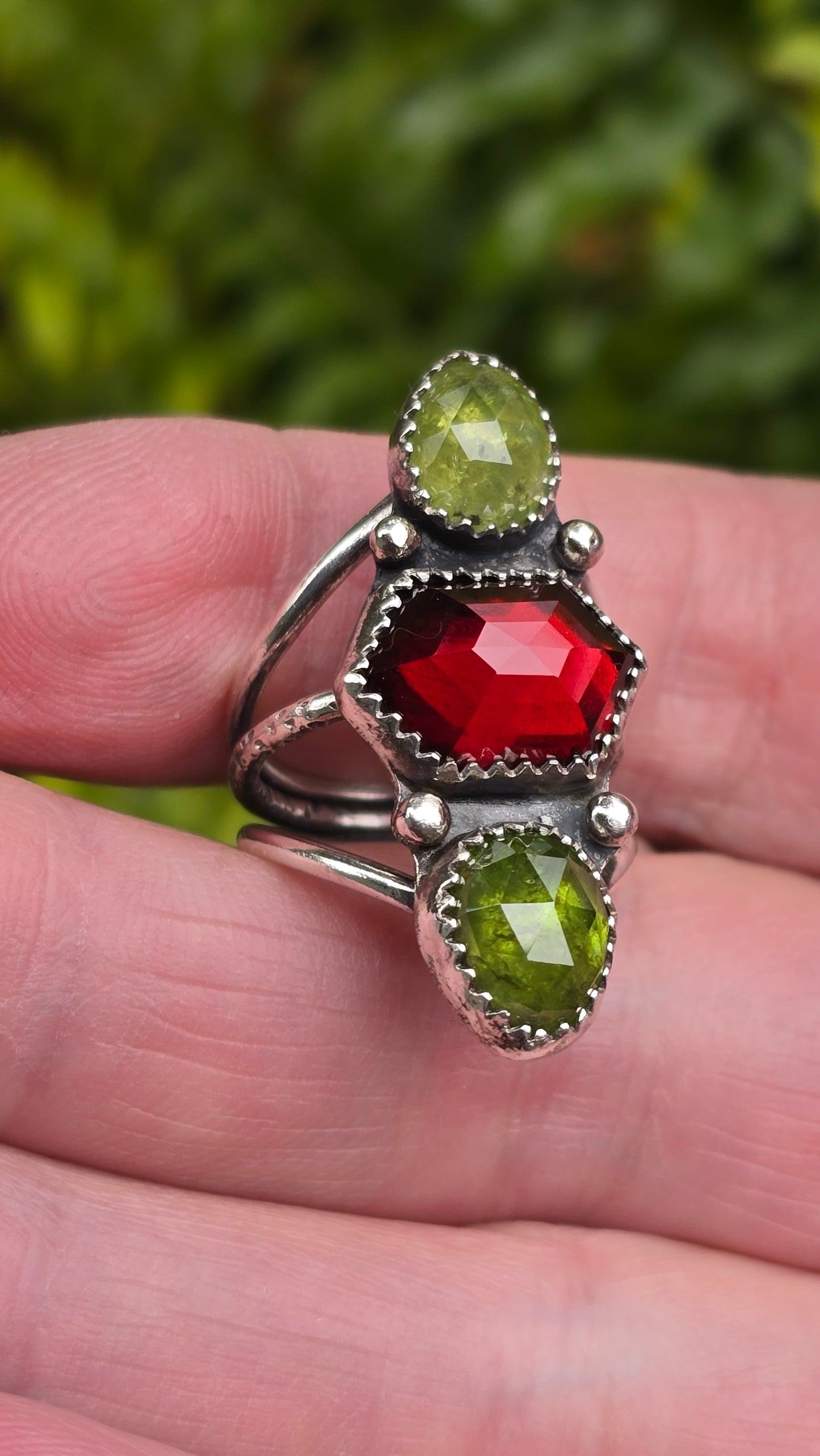 SPARKLER Ring (size 6 to 6.25) - Hex Cut Garnet and Rose Cut Grossular Garnet in Fine and Sterling Silver