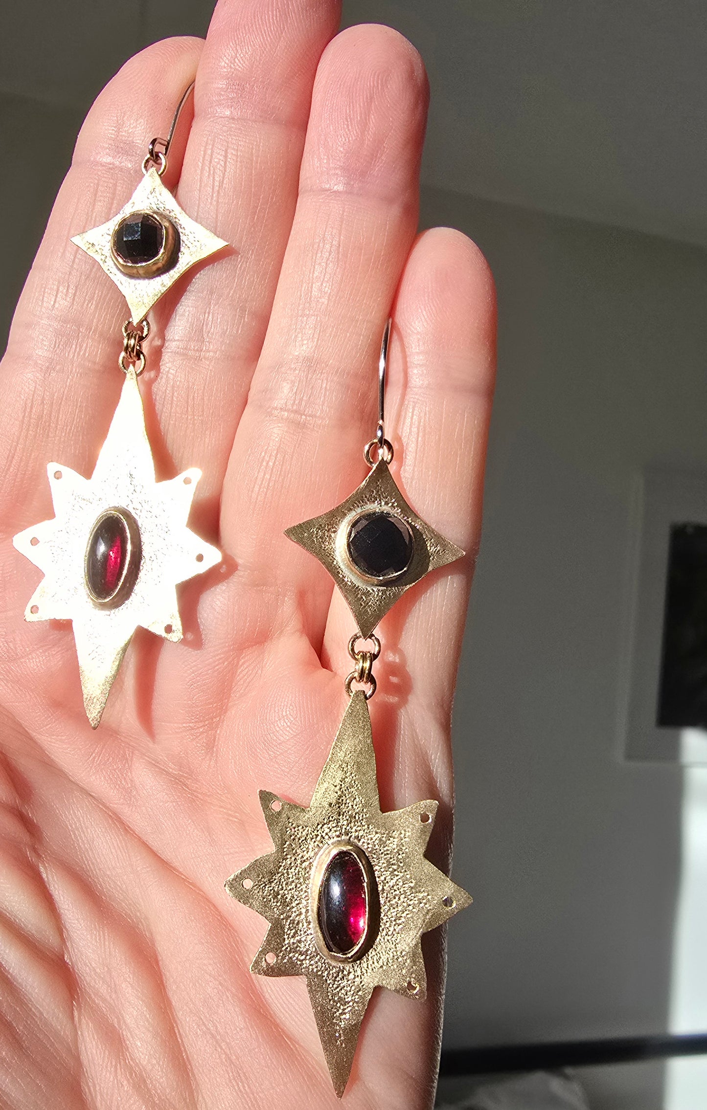 ANCIENT & BOUNDLESS STARS Earrings - Garnet Ovals and Rose Cut Onyx in Jeweler's Brass