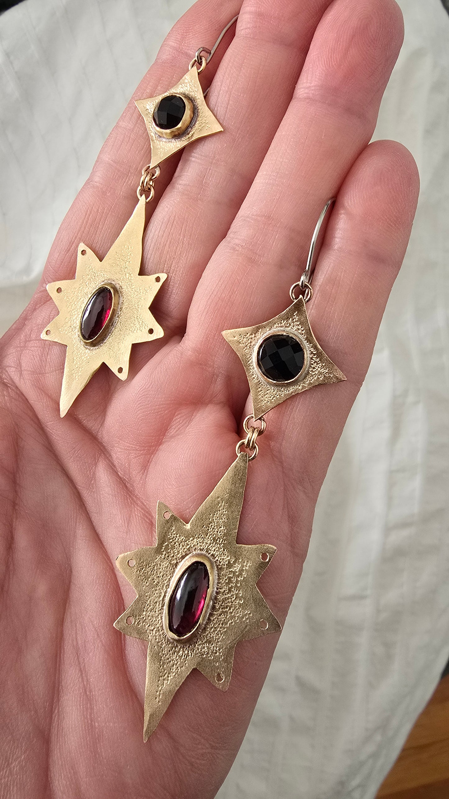 ANCIENT & BOUNDLESS STARS Earrings - Garnet Ovals and Rose Cut Onyx in Jeweler's Brass