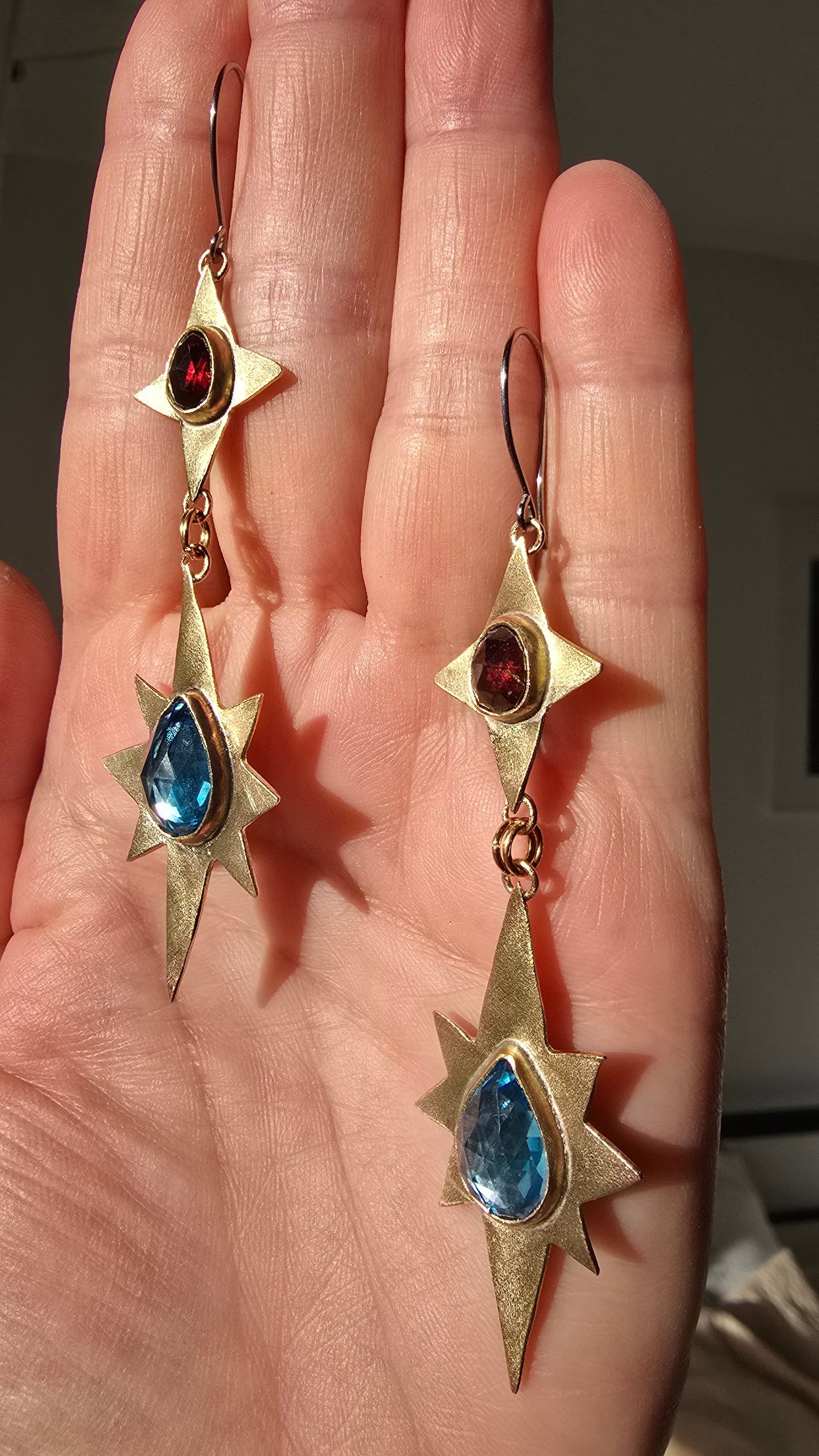 ANCIENT & ENDLESS STARS Earrings - Rose Cut Blue Topaz and Garnet in Jeweler's Brass