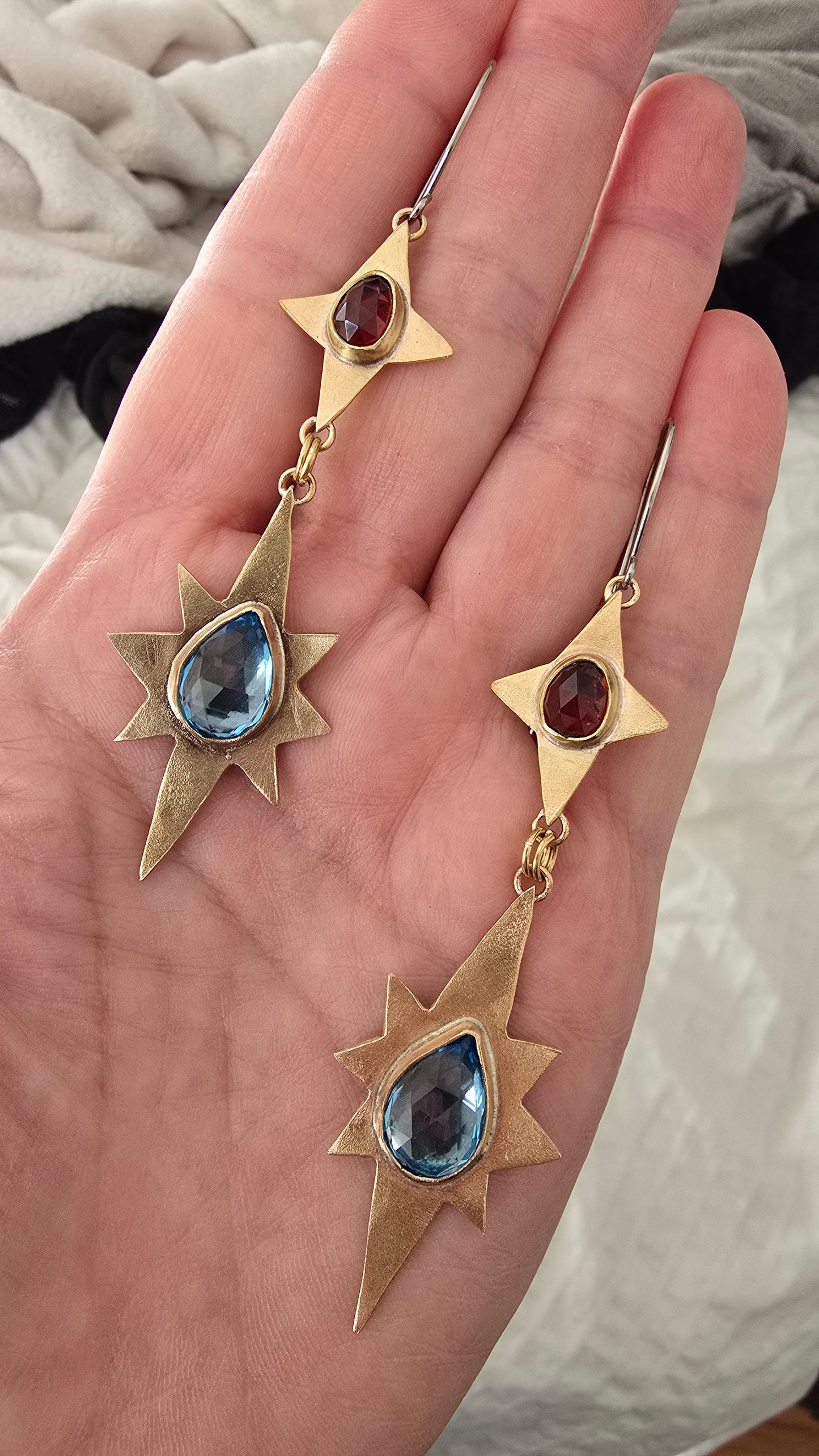 ANCIENT & ENDLESS STARS Earrings - Rose Cut Blue Topaz and Garnet in Jeweler's Brass