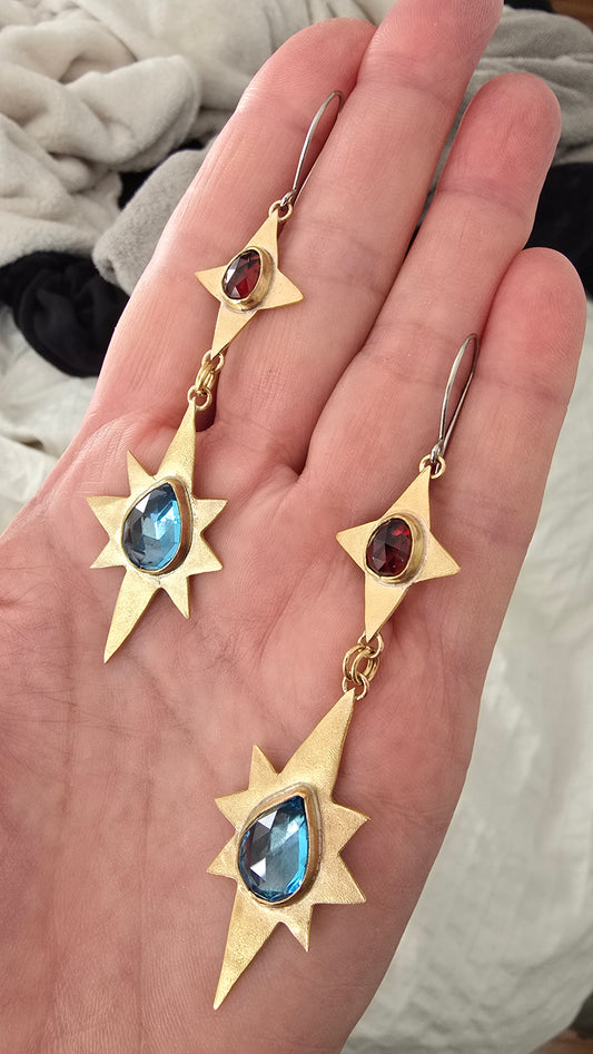 ANCIENT & ENDLESS STARS Earrings - Rose Cut Blue Topaz and Garnet in Jeweler's Brass