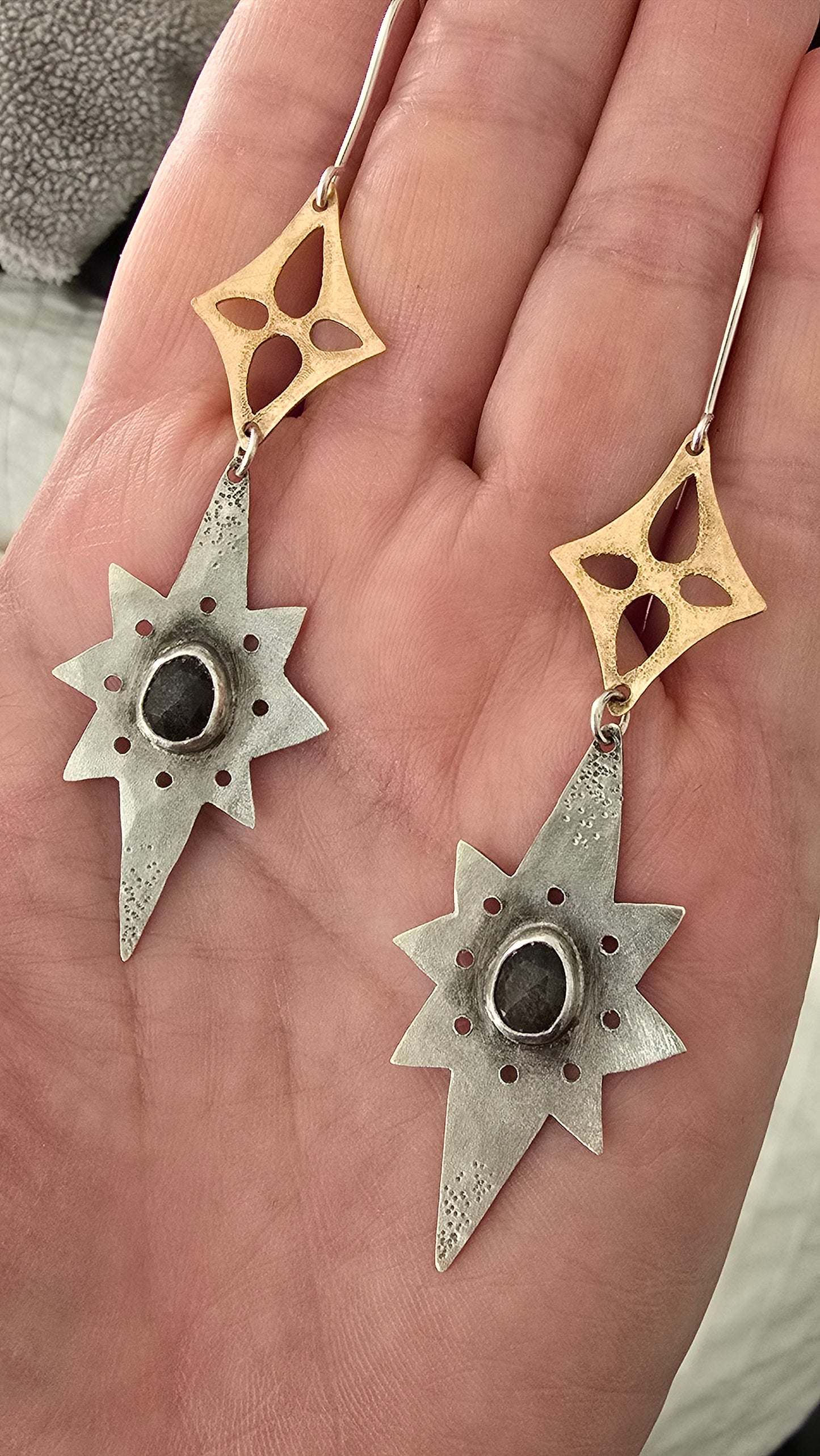 ANCIENT & BOUNDLESS STARS Earrings - Rose Cut Silver Sheen Obsidian in Sterling Silver with Jeweler's Brass