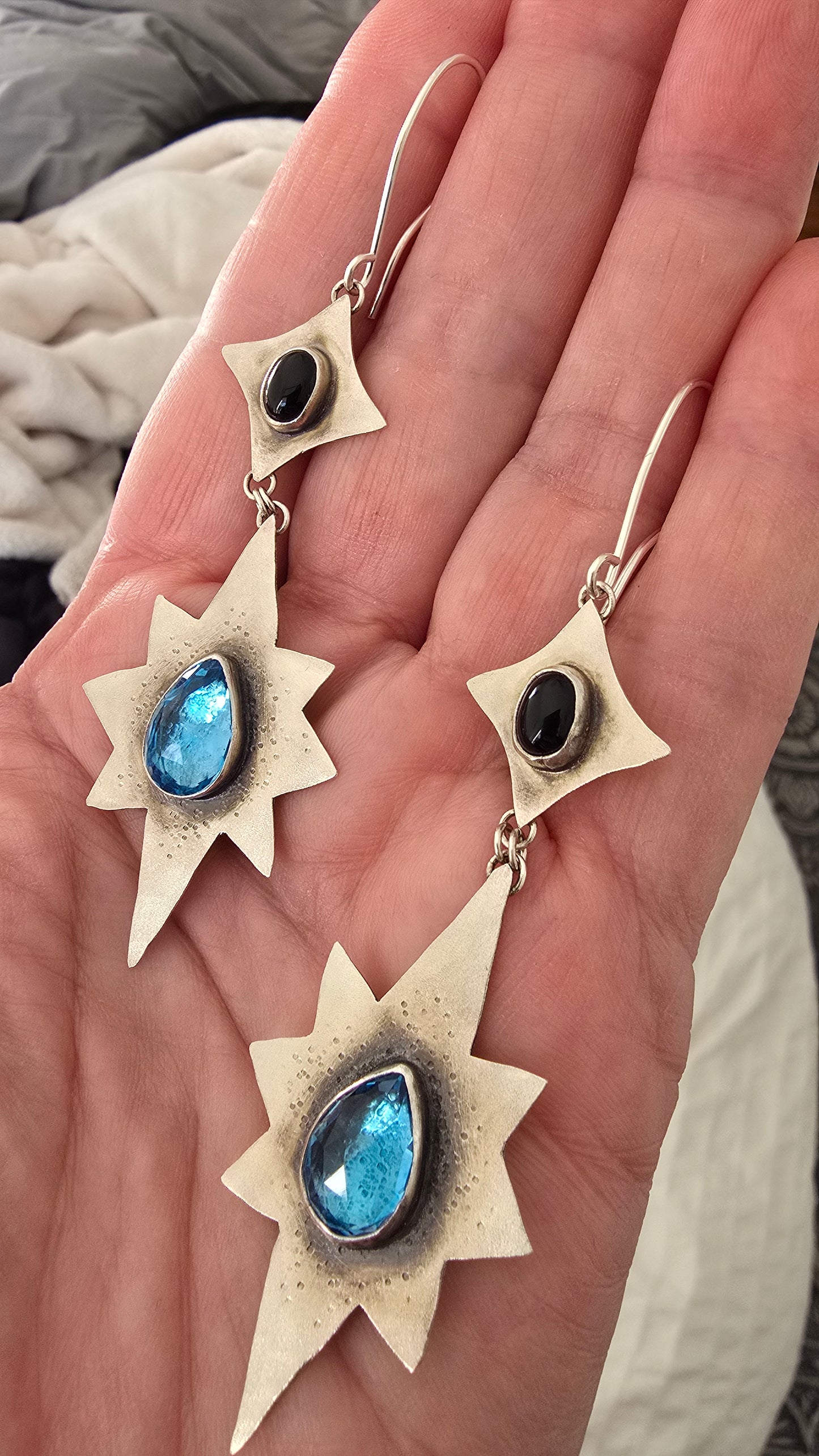 ANCIENT & ENDLESS NORTH STAR Earrings - Blue Topaz and Onyx in Fine and Sterling Silver