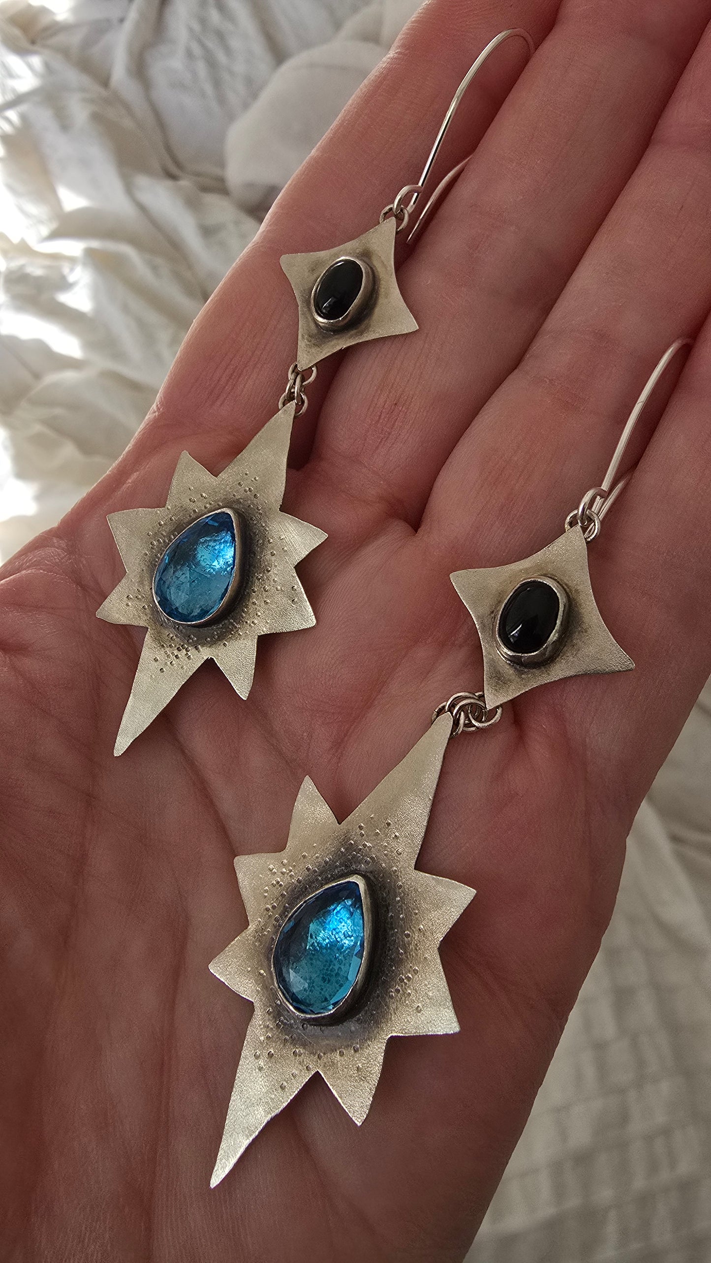 ANCIENT & ENDLESS NORTH STAR Earrings - Blue Topaz and Onyx in Fine and Sterling Silver