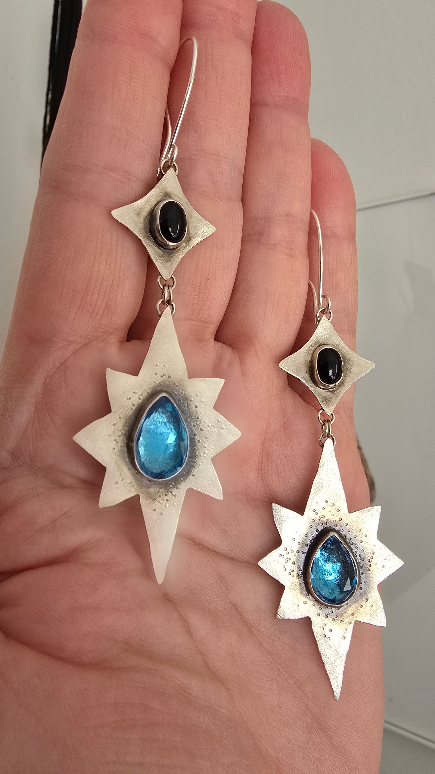 ANCIENT & ENDLESS NORTH STAR Earrings - Blue Topaz and Onyx in Fine and Sterling Silver