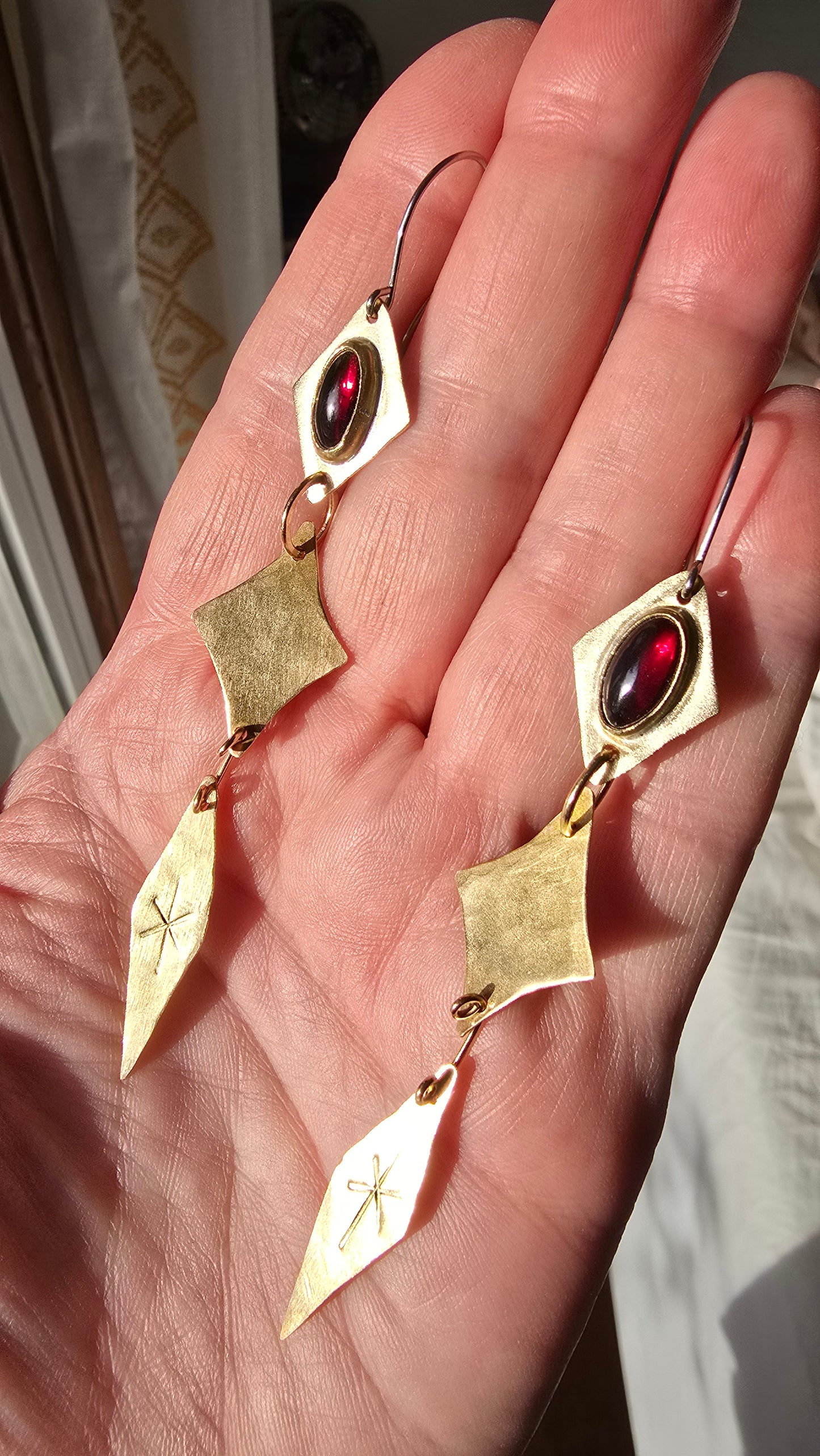 ANCIENT & ENDLESS Featherweight Earrings - Garnet Ovals in Jeweler's Brass