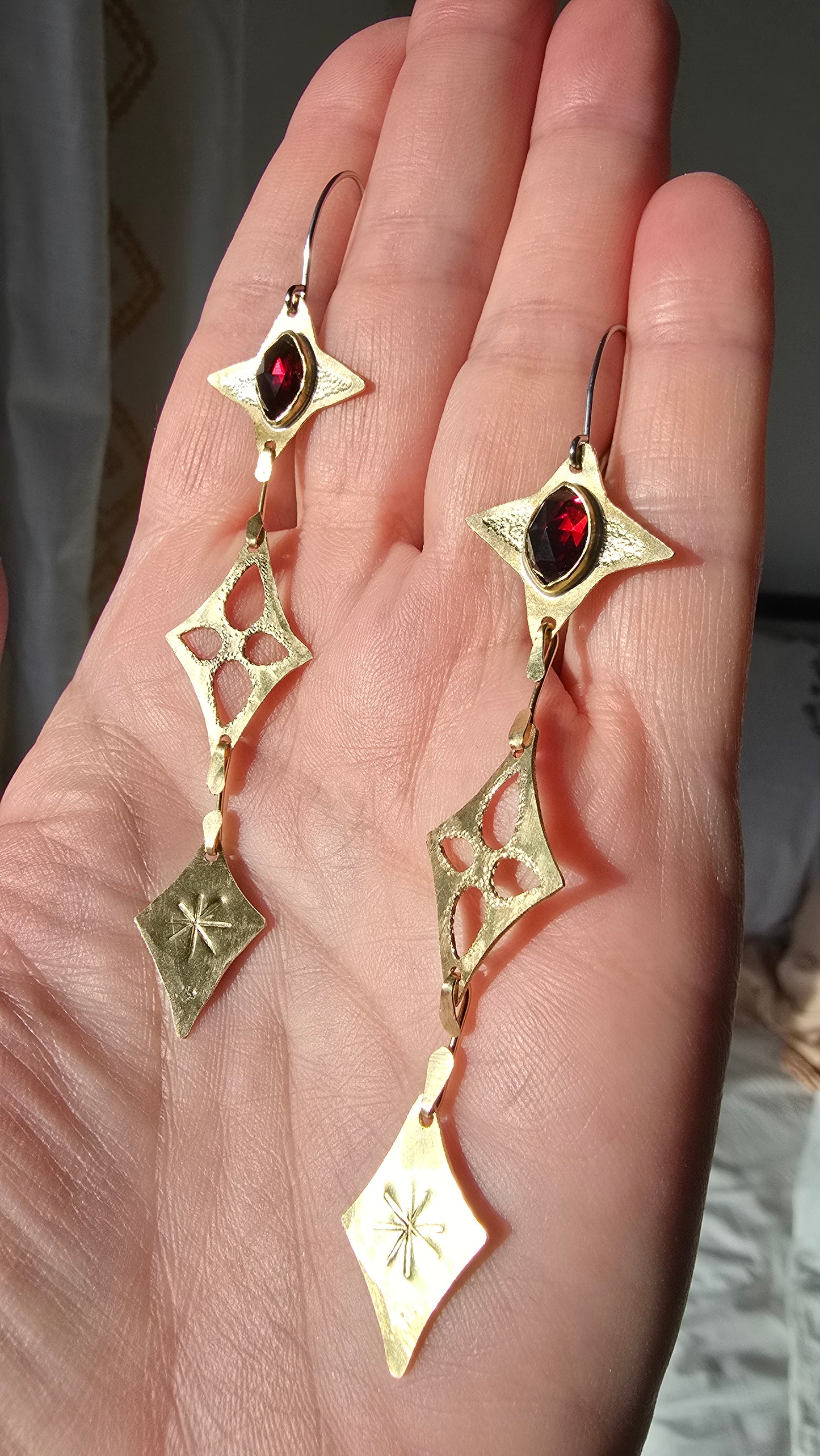 ANCIENT & ENDLESS Featherweight Earrings - Rose Cut Marquise Garnet in Jeweler's Brass