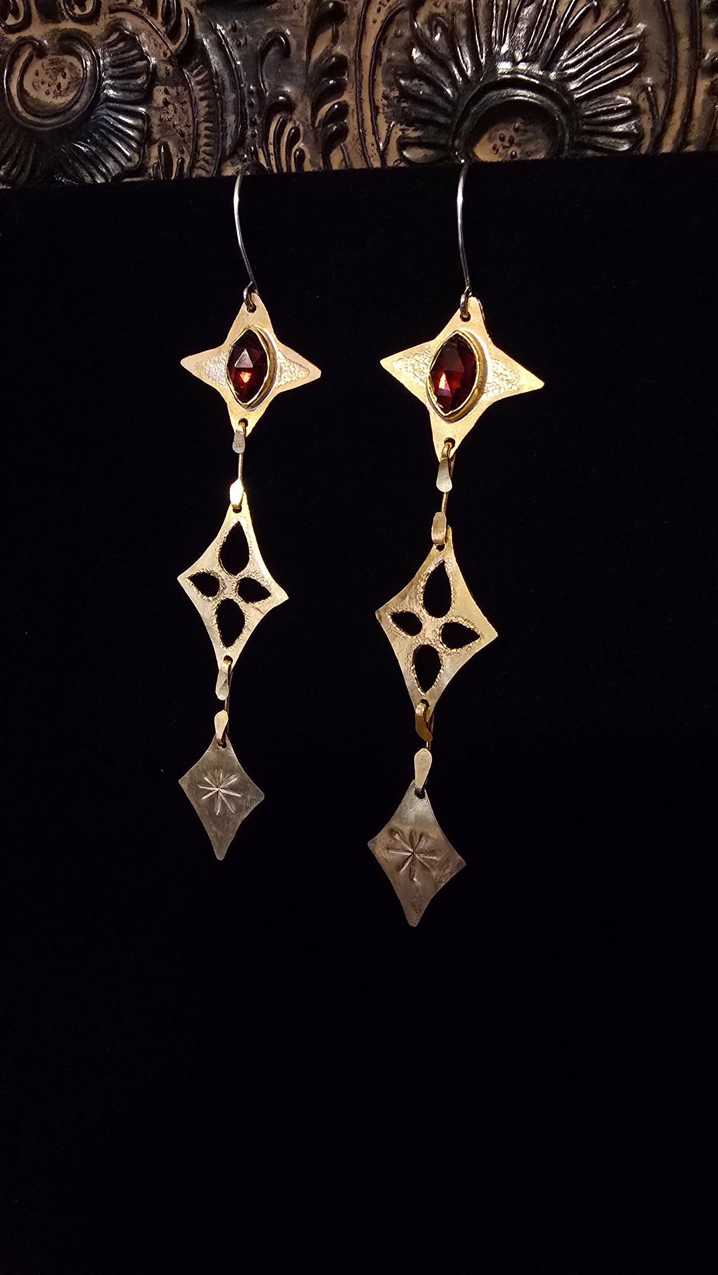 ANCIENT & ENDLESS Featherweight Earrings - Rose Cut Marquise Garnet in Jeweler's Brass