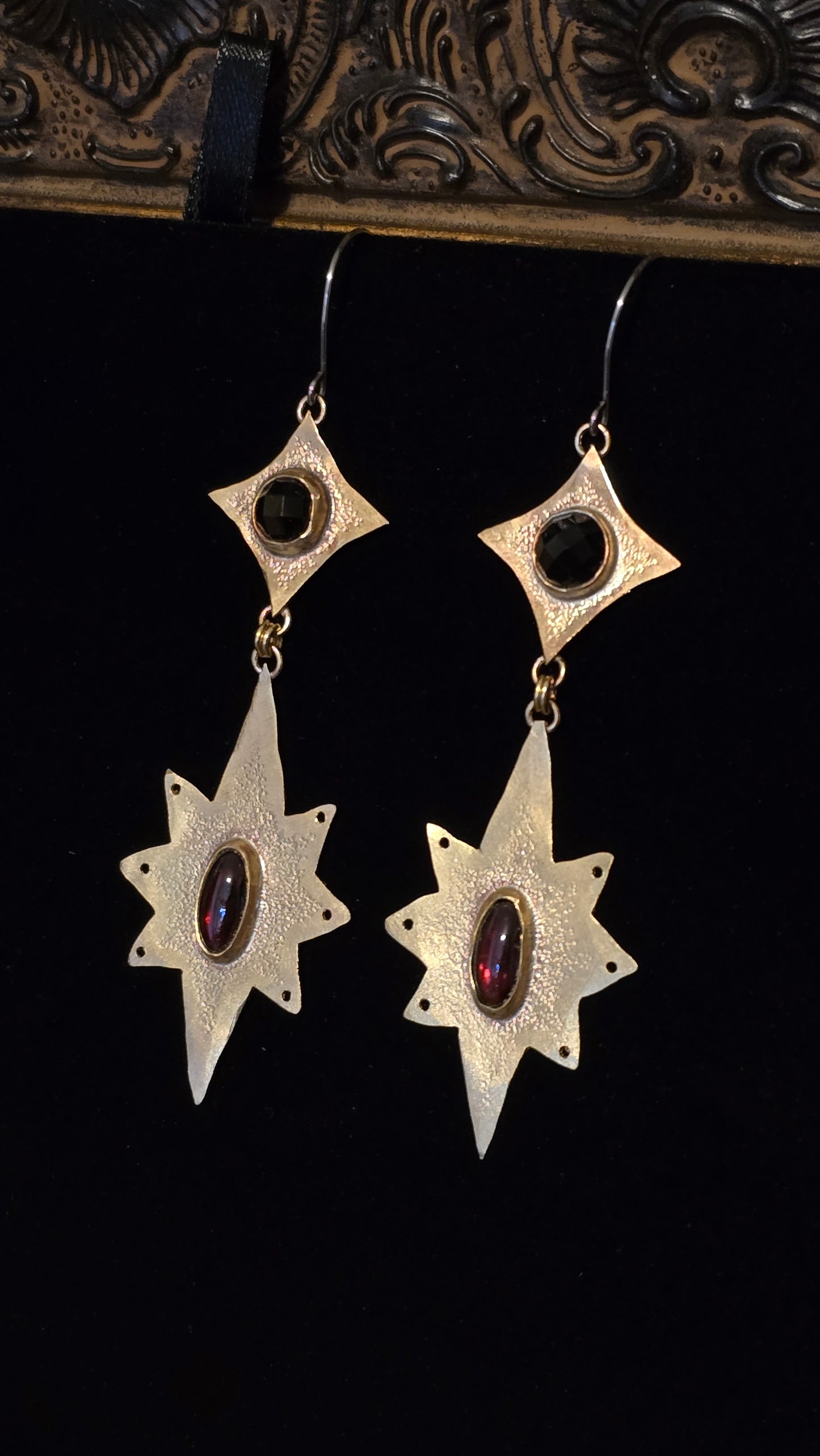 ANCIENT & BOUNDLESS STARS Earrings - Garnet Ovals and Rose Cut Onyx in Jeweler's Brass