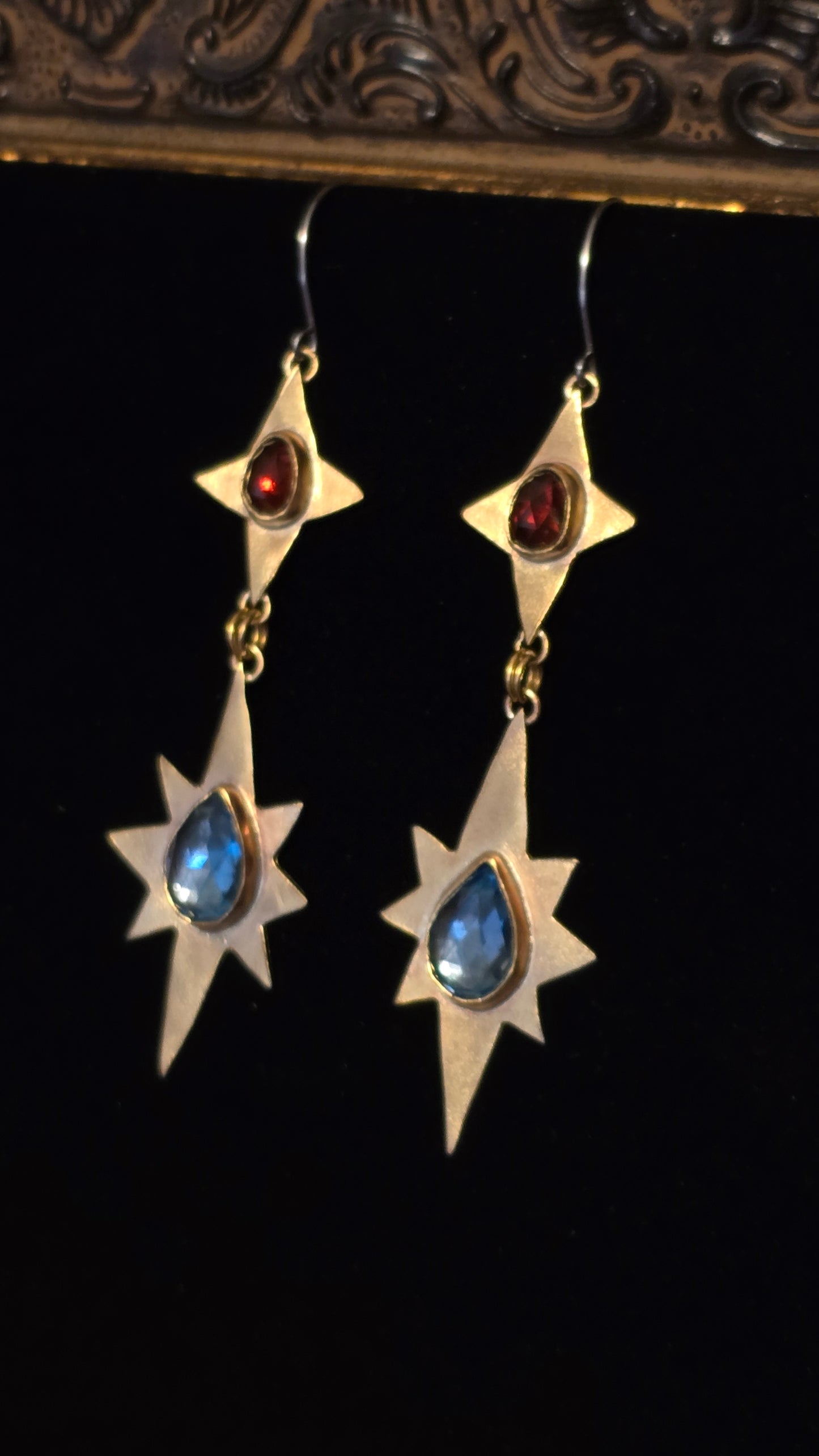 ANCIENT & ENDLESS STARS Earrings - Rose Cut Blue Topaz and Garnet in Jeweler's Brass