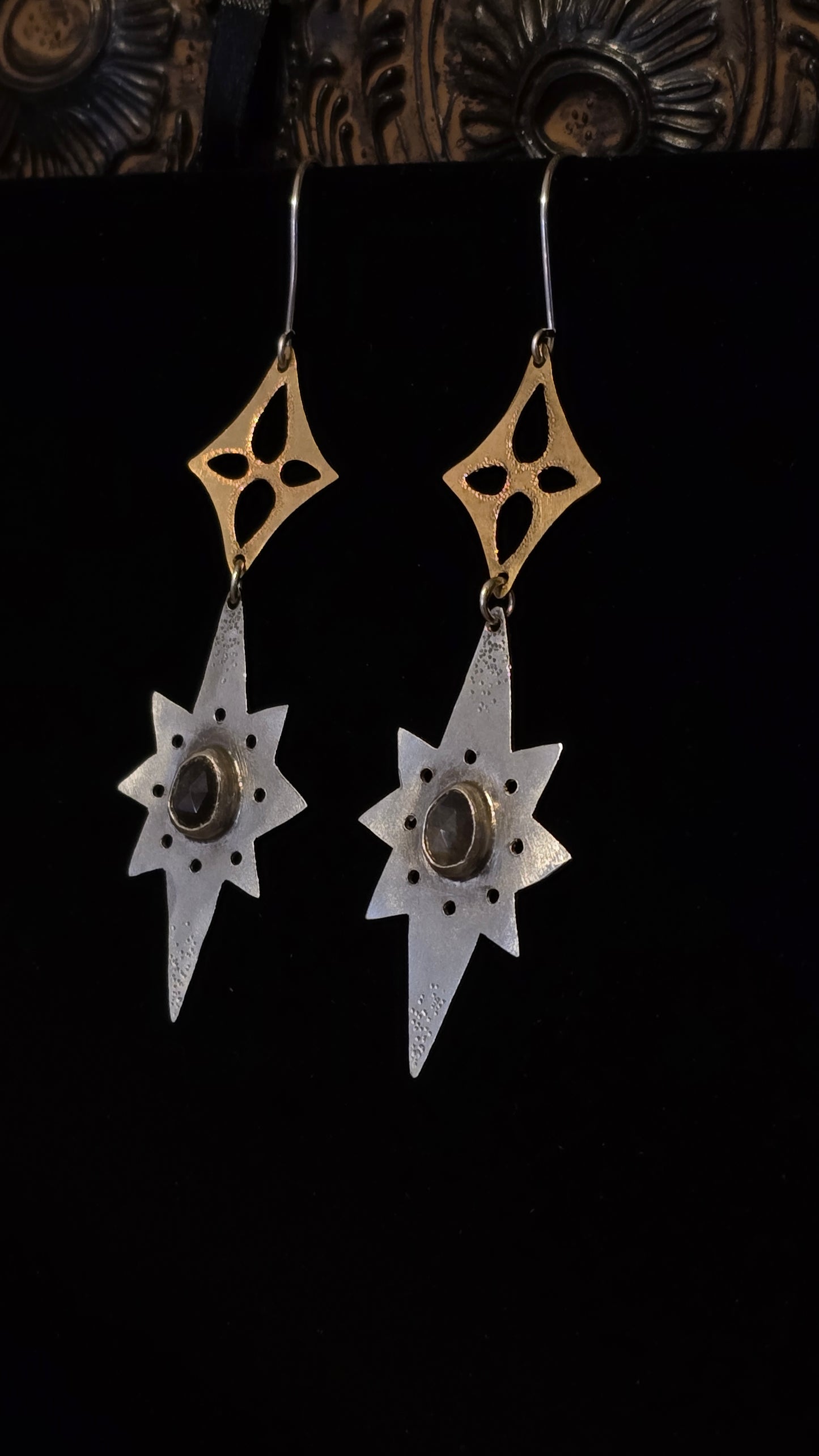 ANCIENT & BOUNDLESS STARS Earrings - Rose Cut Silver Sheen Obsidian in Sterling Silver with Jeweler's Brass