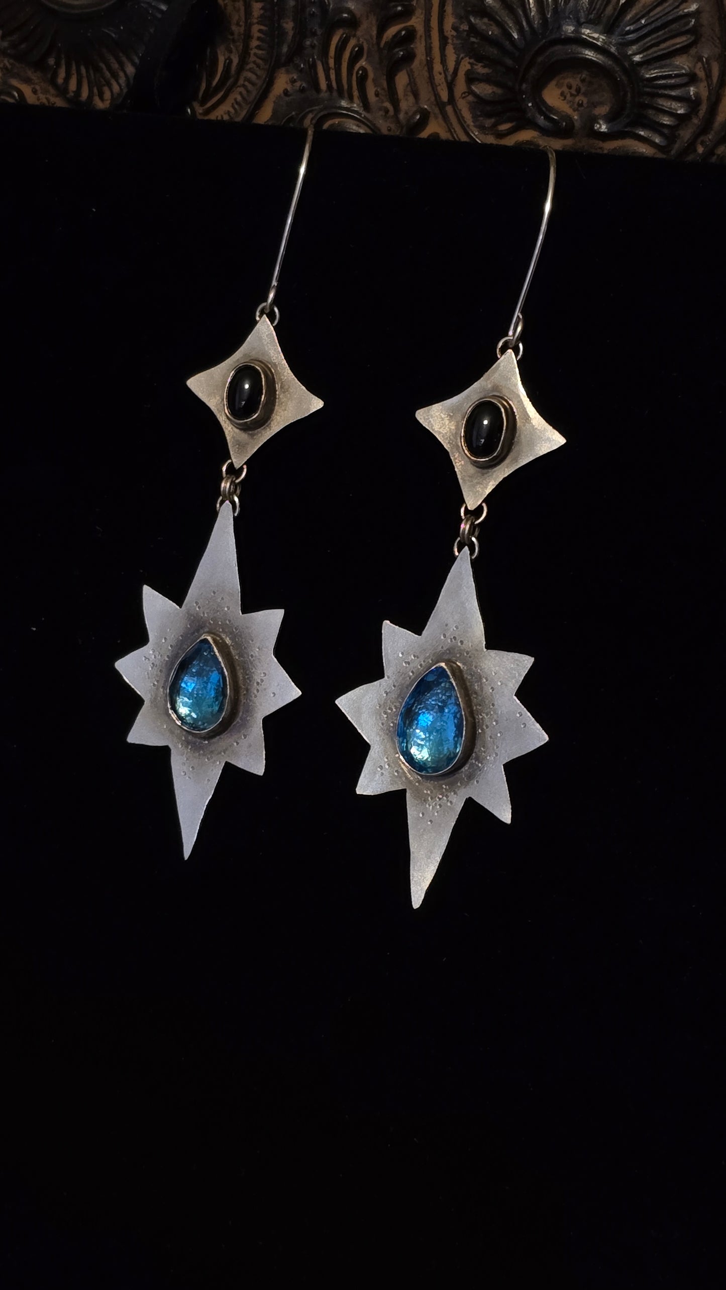 ANCIENT & ENDLESS NORTH STAR Earrings - Blue Topaz and Onyx in Fine and Sterling Silver