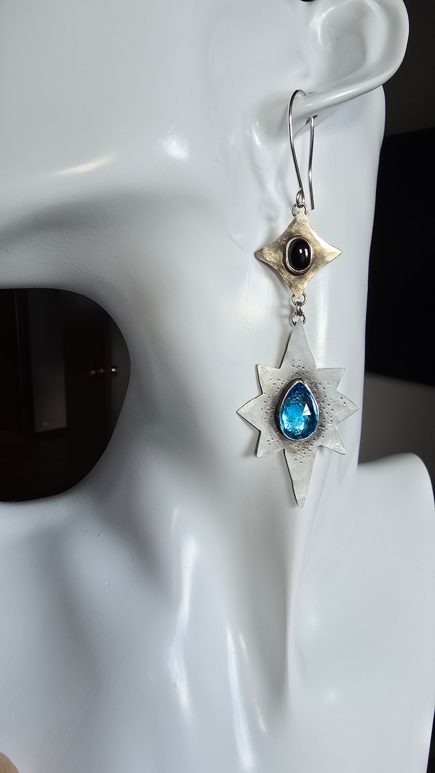 ANCIENT & ENDLESS NORTH STAR Earrings - Blue Topaz and Onyx in Fine and Sterling Silver