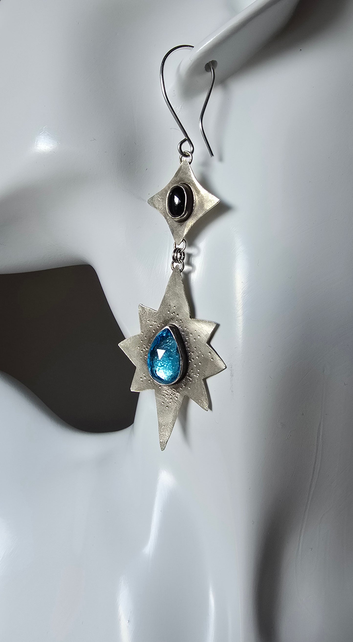 ANCIENT & ENDLESS NORTH STAR Earrings - Blue Topaz and Onyx in Fine and Sterling Silver