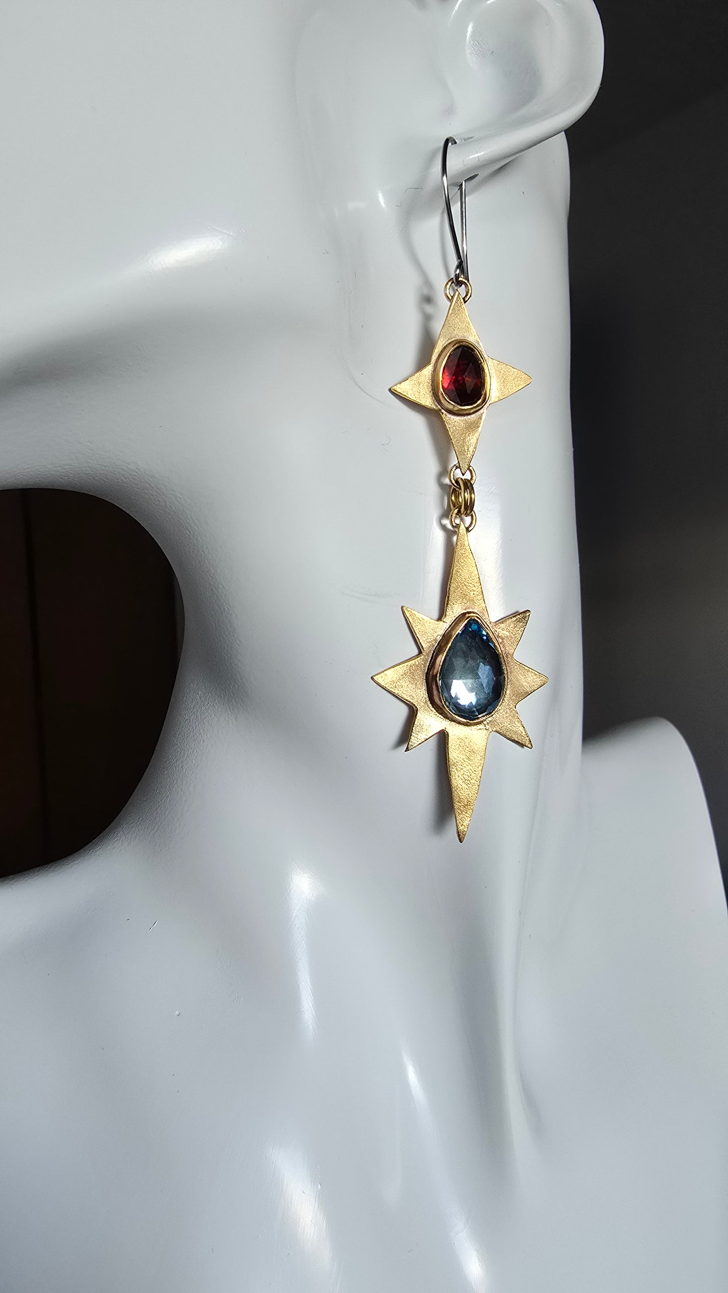 ANCIENT & ENDLESS STARS Earrings - Rose Cut Blue Topaz and Garnet in Jeweler's Brass