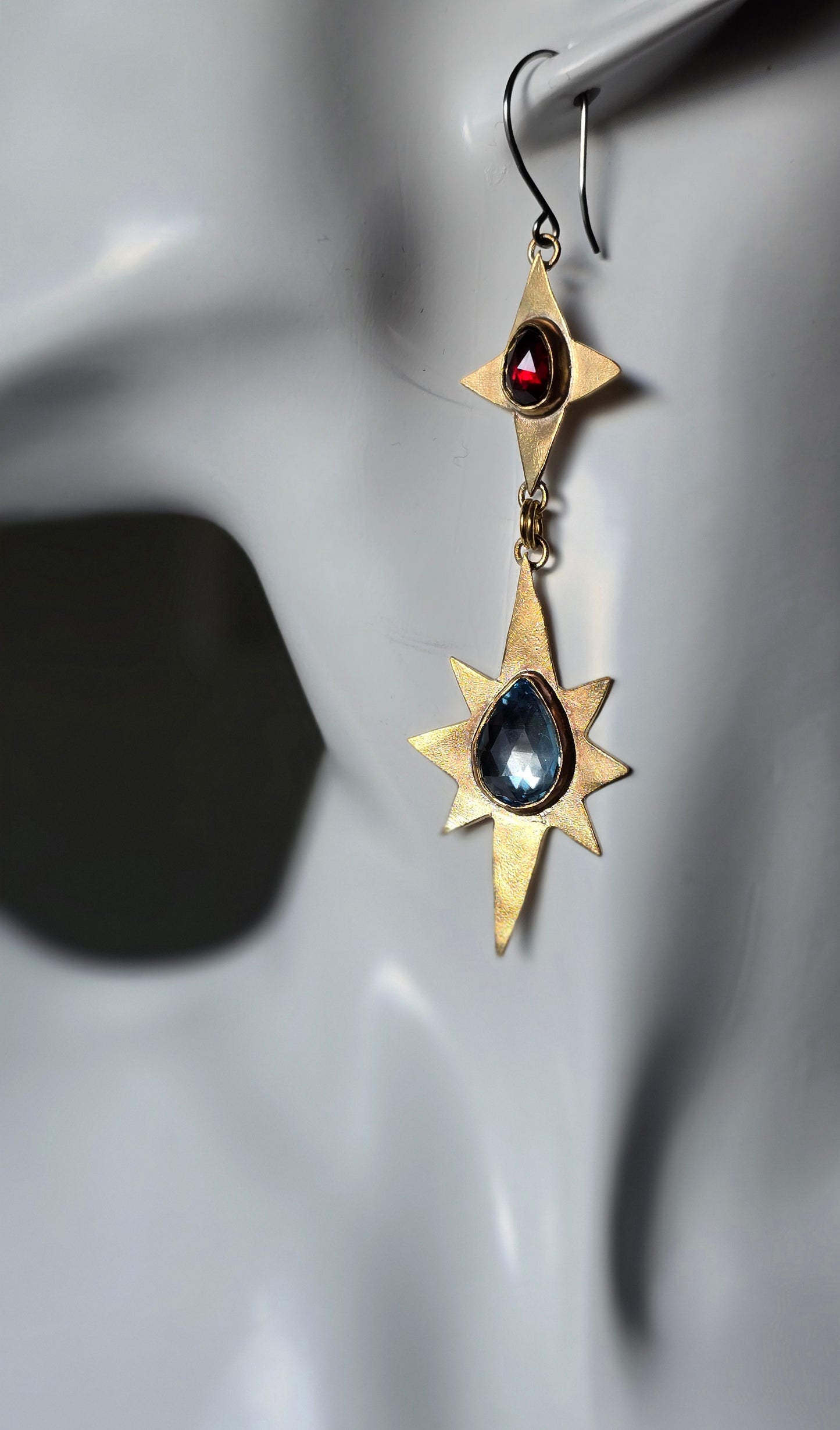 ANCIENT & ENDLESS STARS Earrings - Rose Cut Blue Topaz and Garnet in Jeweler's Brass