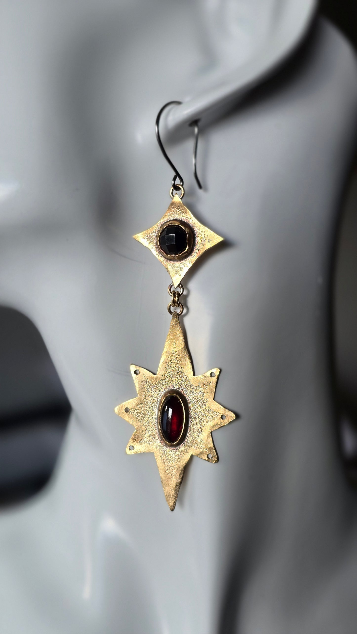 ANCIENT & BOUNDLESS STARS Earrings - Garnet Ovals and Rose Cut Onyx in Jeweler's Brass