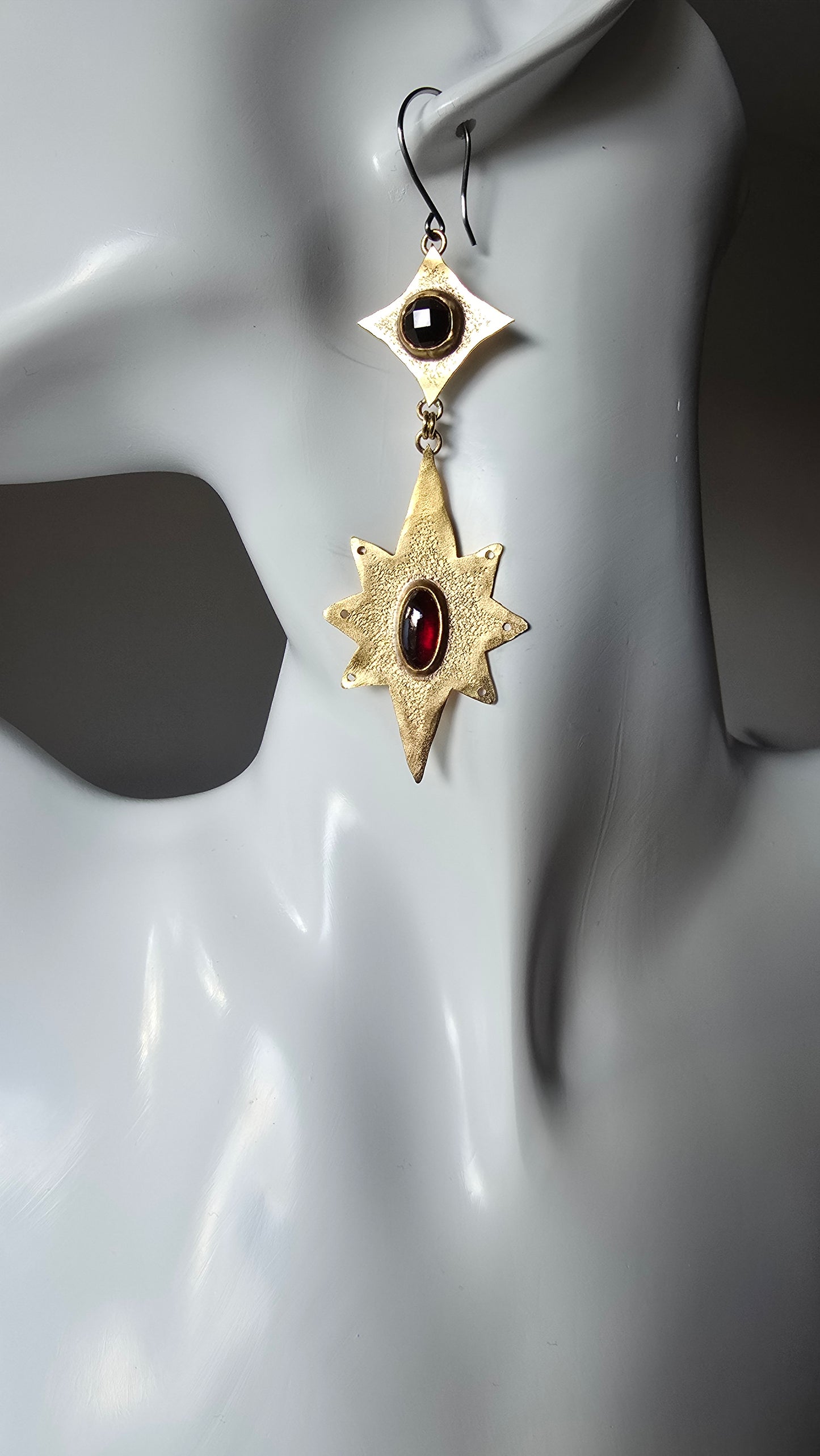 ANCIENT & BOUNDLESS STARS Earrings - Garnet Ovals and Rose Cut Onyx in Jeweler's Brass