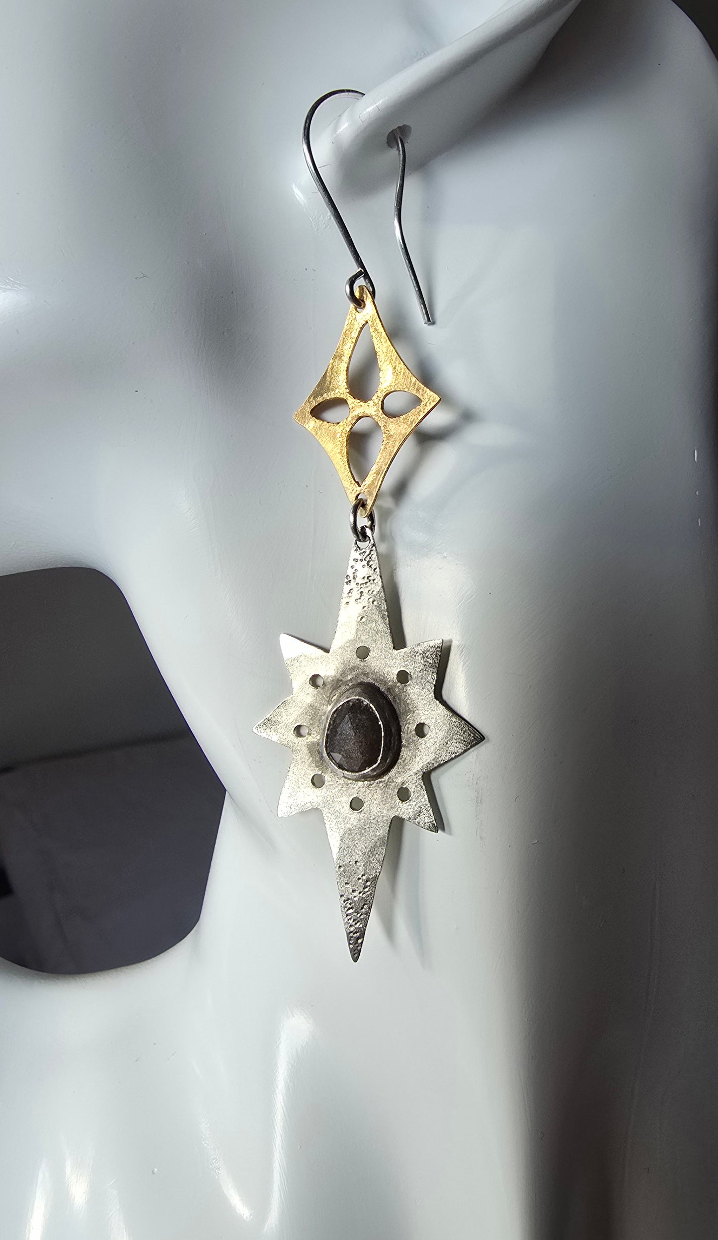 ANCIENT & BOUNDLESS STARS Earrings - Rose Cut Silver Sheen Obsidian in Sterling Silver with Jeweler's Brass