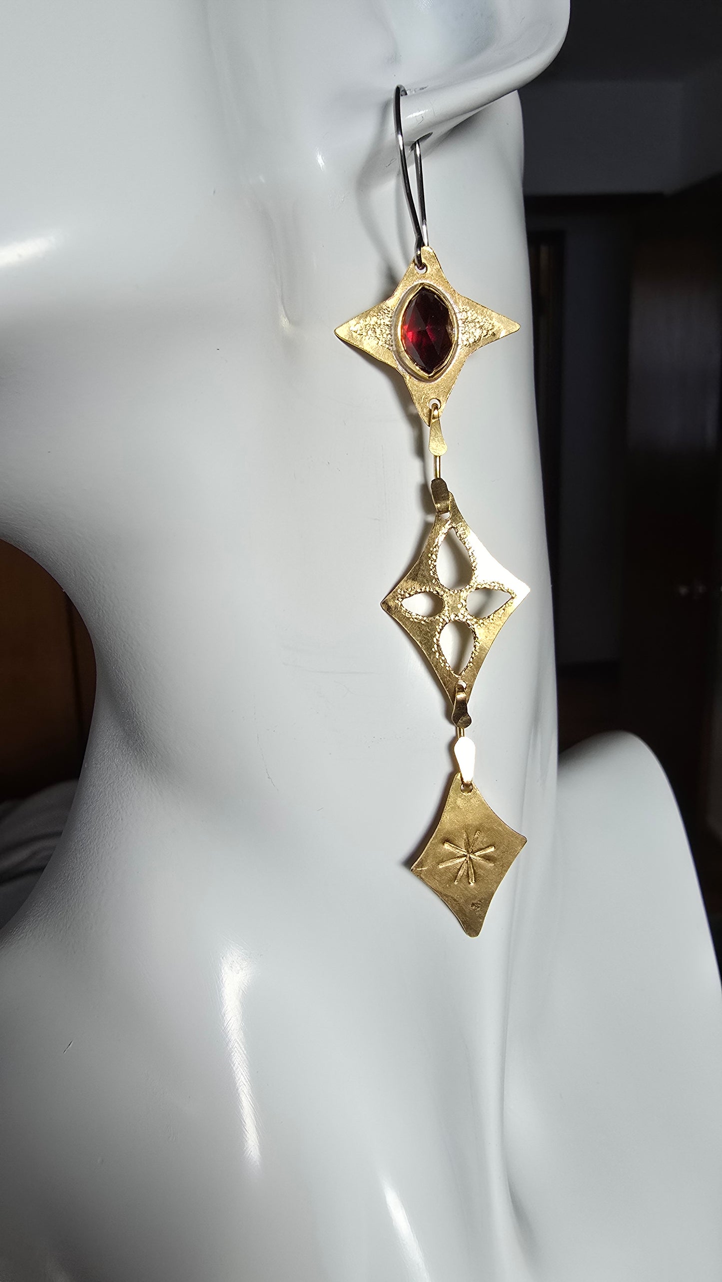 ANCIENT & ENDLESS Featherweight Earrings - Rose Cut Marquise Garnet in Jeweler's Brass