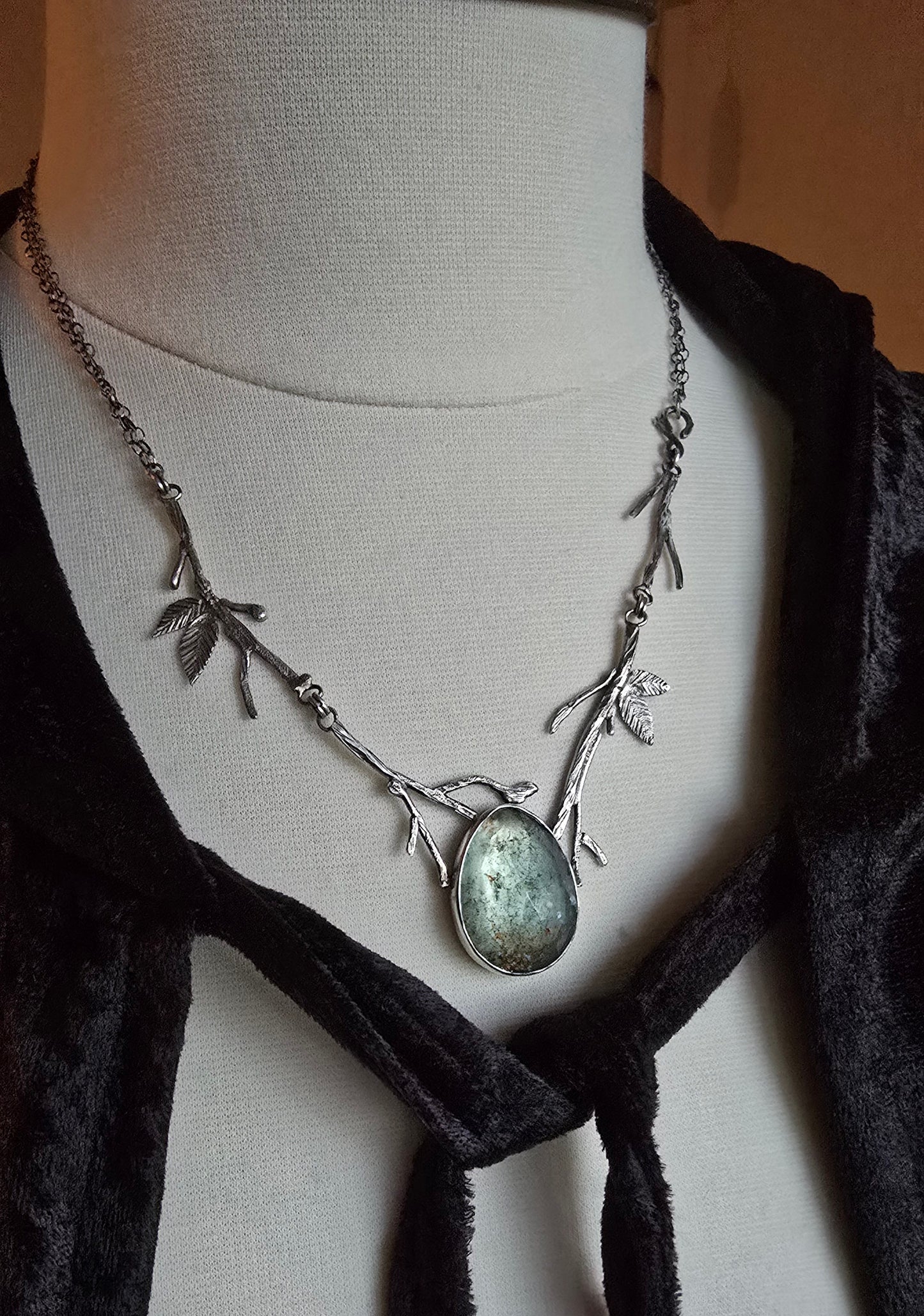 GHOST FOREST Necklace - Large Rose Cut Fire Moss Aquarmarine in Fine and Sterling Silver