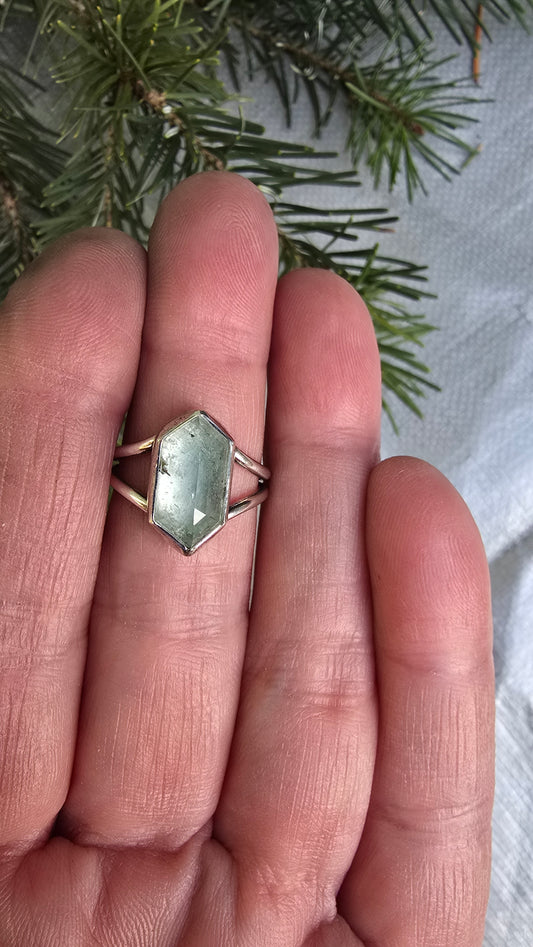 GHOST FOREST Ring - (size 7.5)Moss Aquarmarine Hex in Fine and Sterling Silver