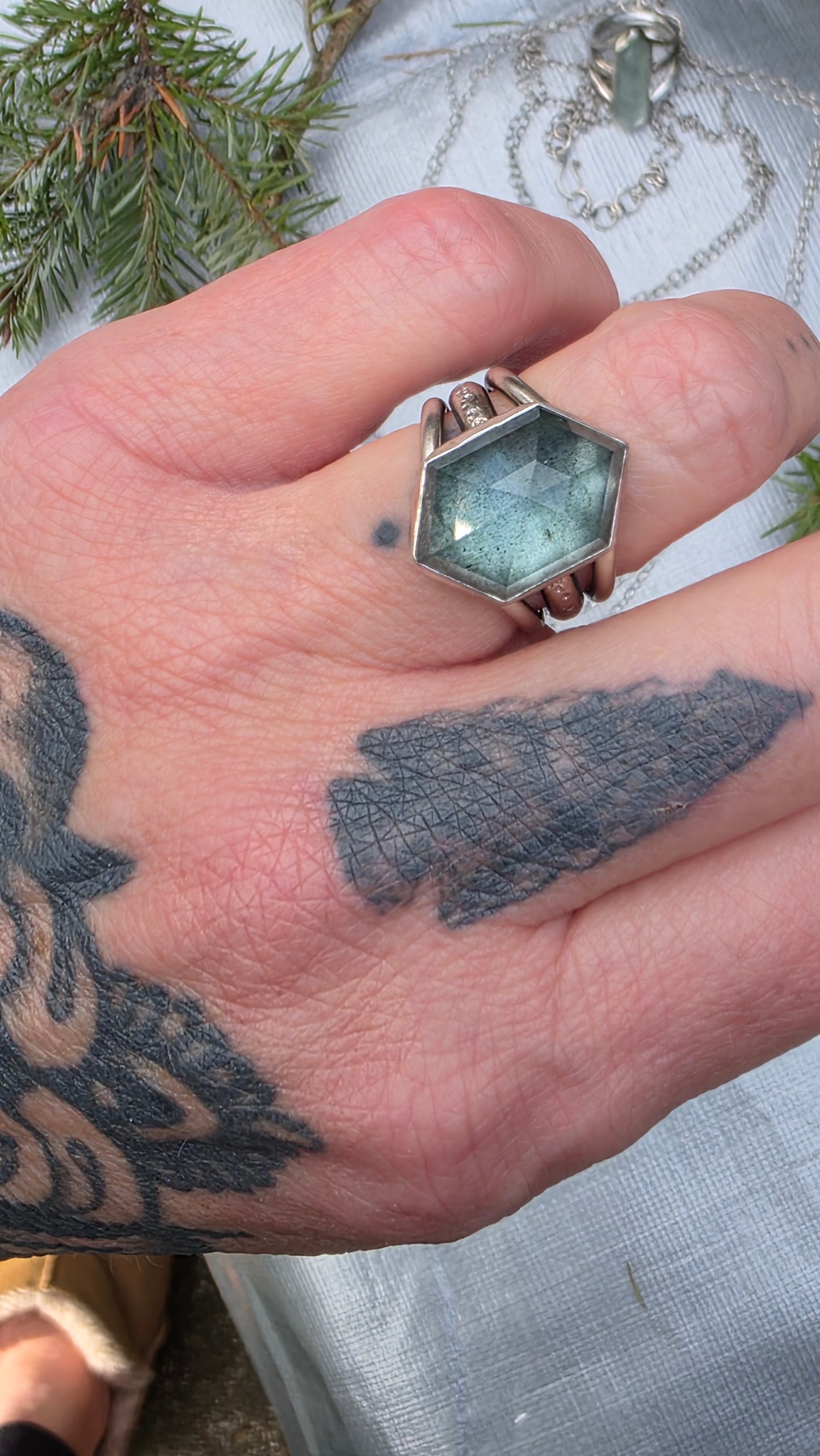 GHOST FOREST Ring - (size 8) Hex Cut Aquamarine in Fine and Sterling Silver