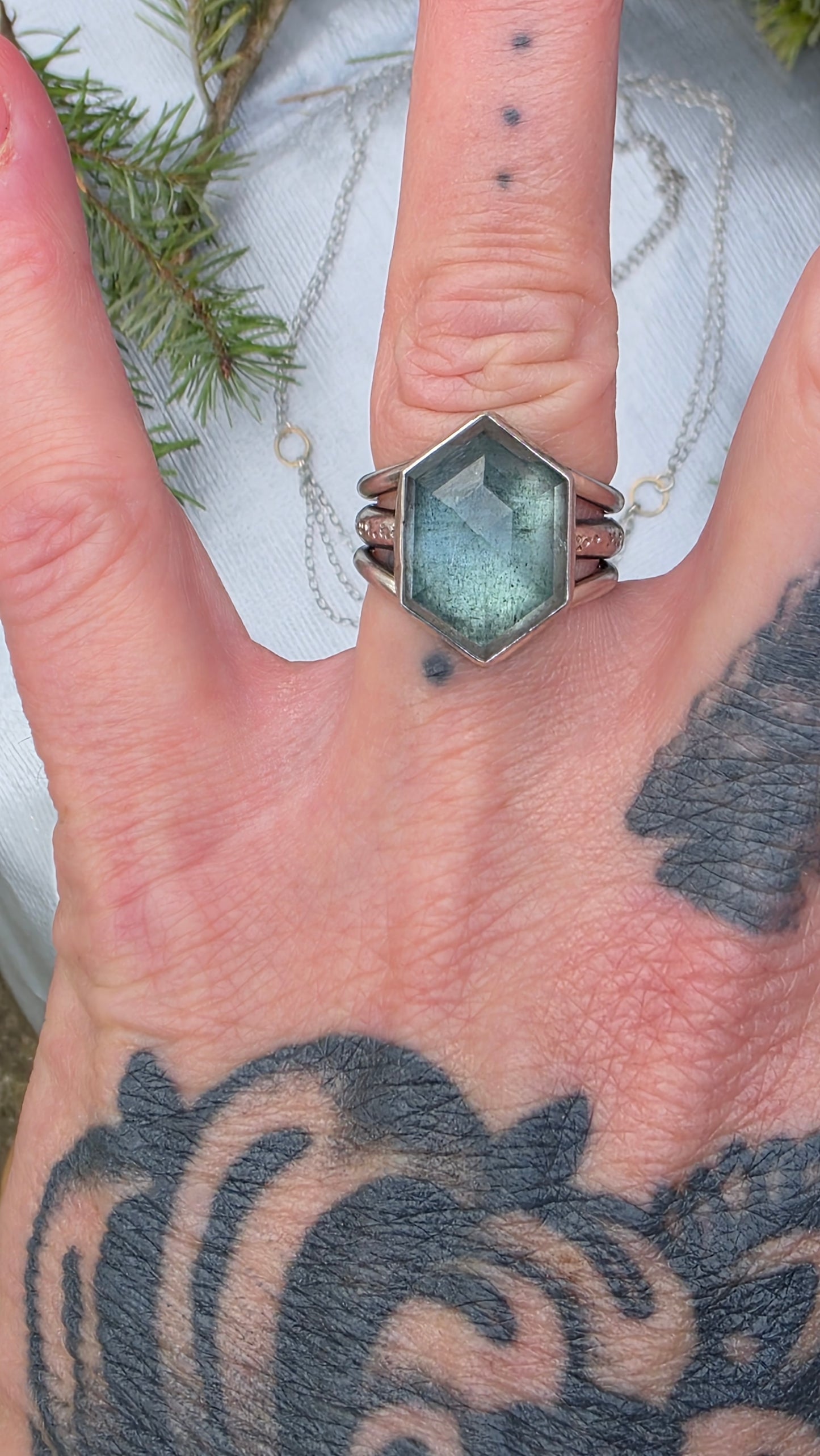 GHOST FOREST Ring - (size 8) Hex Cut Aquamarine in Fine and Sterling Silver