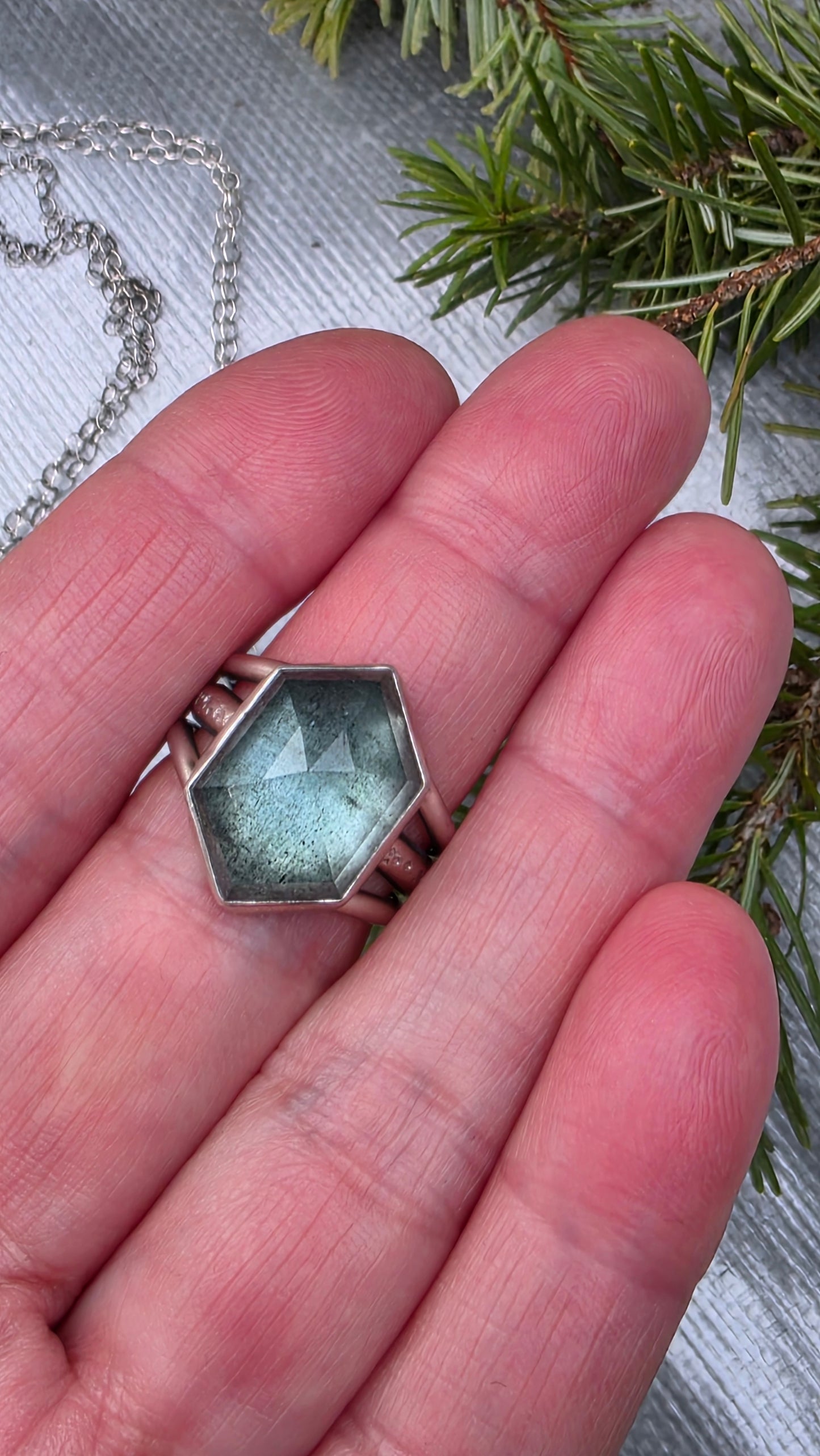 GHOST FOREST Ring - (size 8) Hex Cut Aquamarine in Fine and Sterling Silver