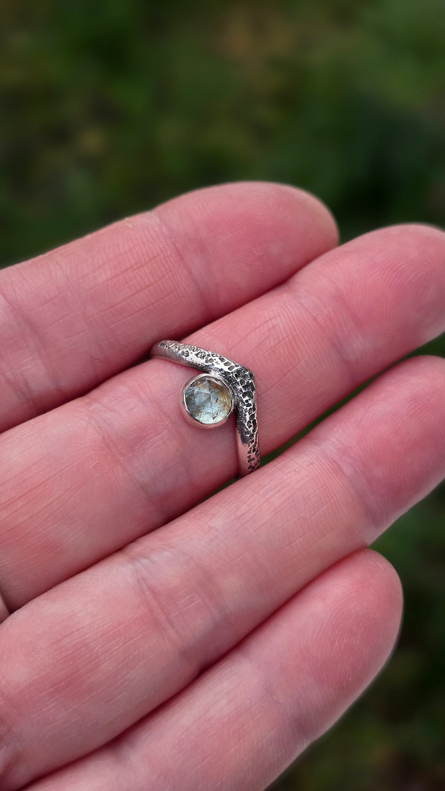 GHOST Ring - (fits size 8.5) Rose Cut Moss Aquamarine in Fine and Sterling Silver