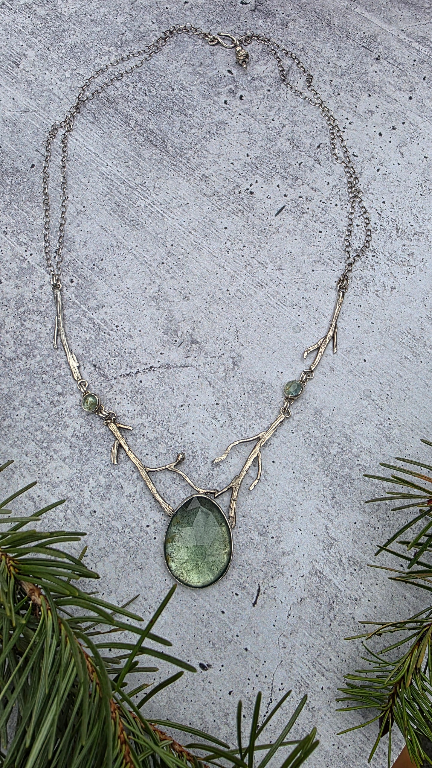 GHOST FOREST FOG Necklace - Large Rose Cut Moss Aquarmarine and small rose cut in Fine and Sterling Silver