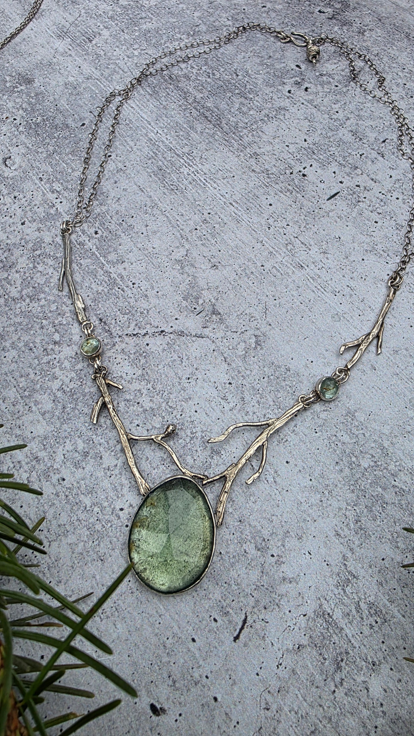 GHOST FOREST FOG Necklace - Large Rose Cut Moss Aquarmarine and small rose cut in Fine and Sterling Silver