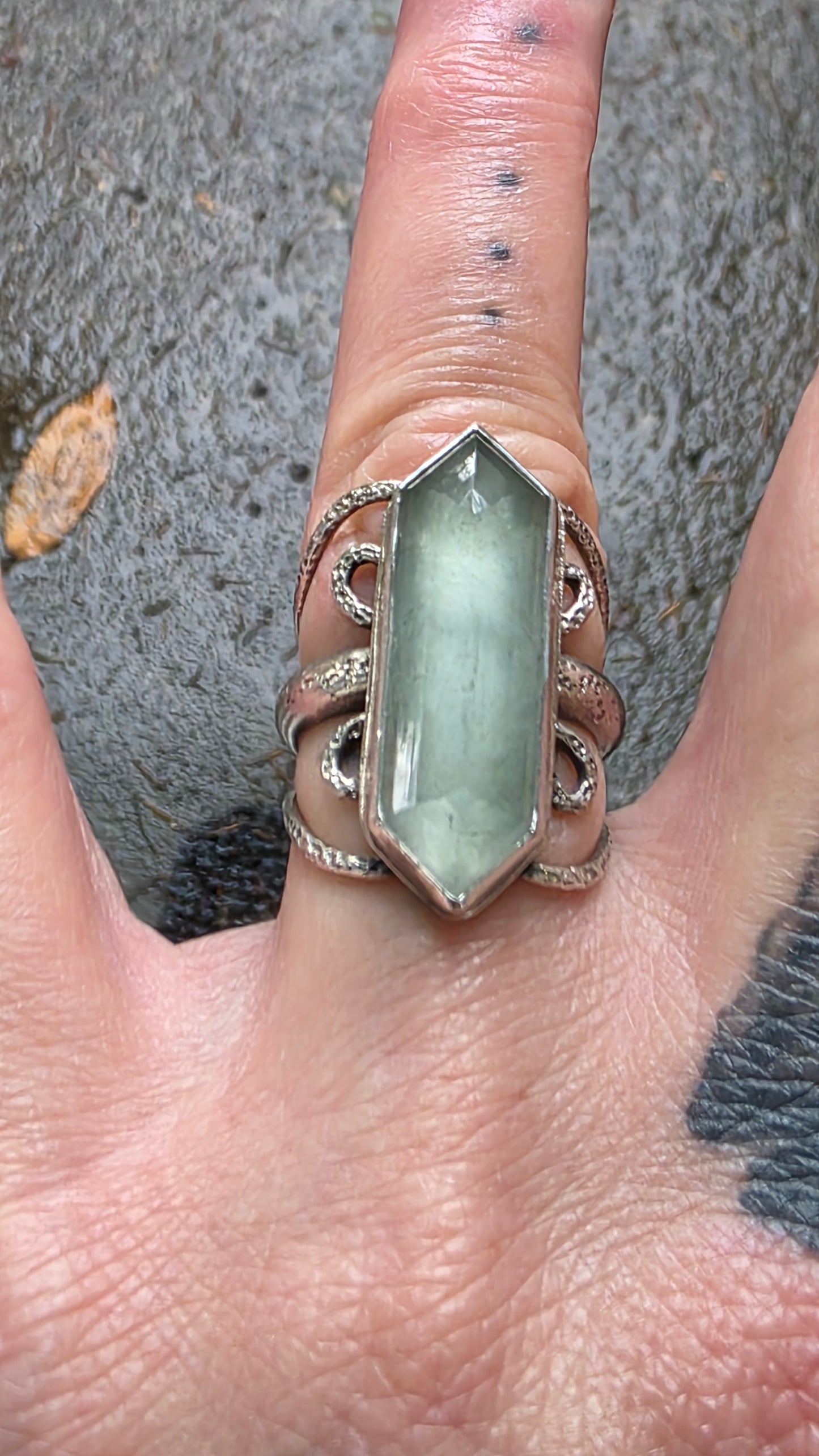 GHOST FOREST Ring - (size 8.5) Hex Cut Moss Aquamarine in Fine and Sterling Silver