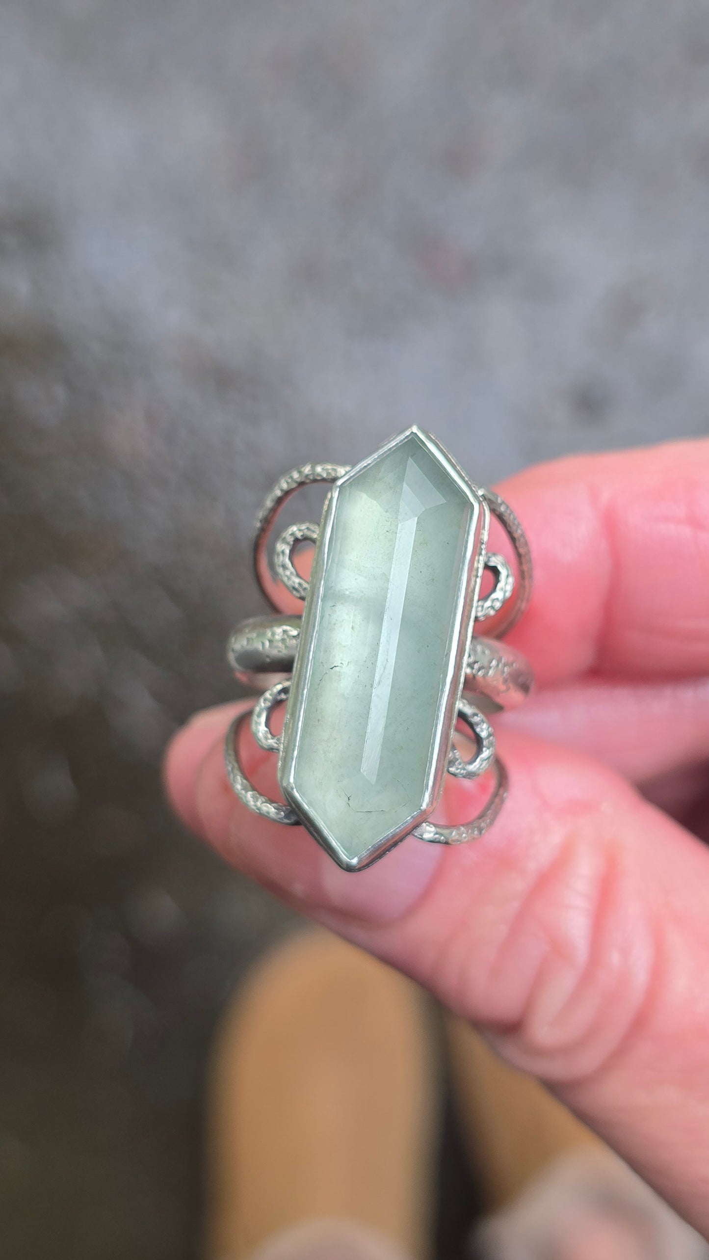 GHOST FOREST Ring - (size 8.5) Hex Cut Moss Aquamarine in Fine and Sterling Silver